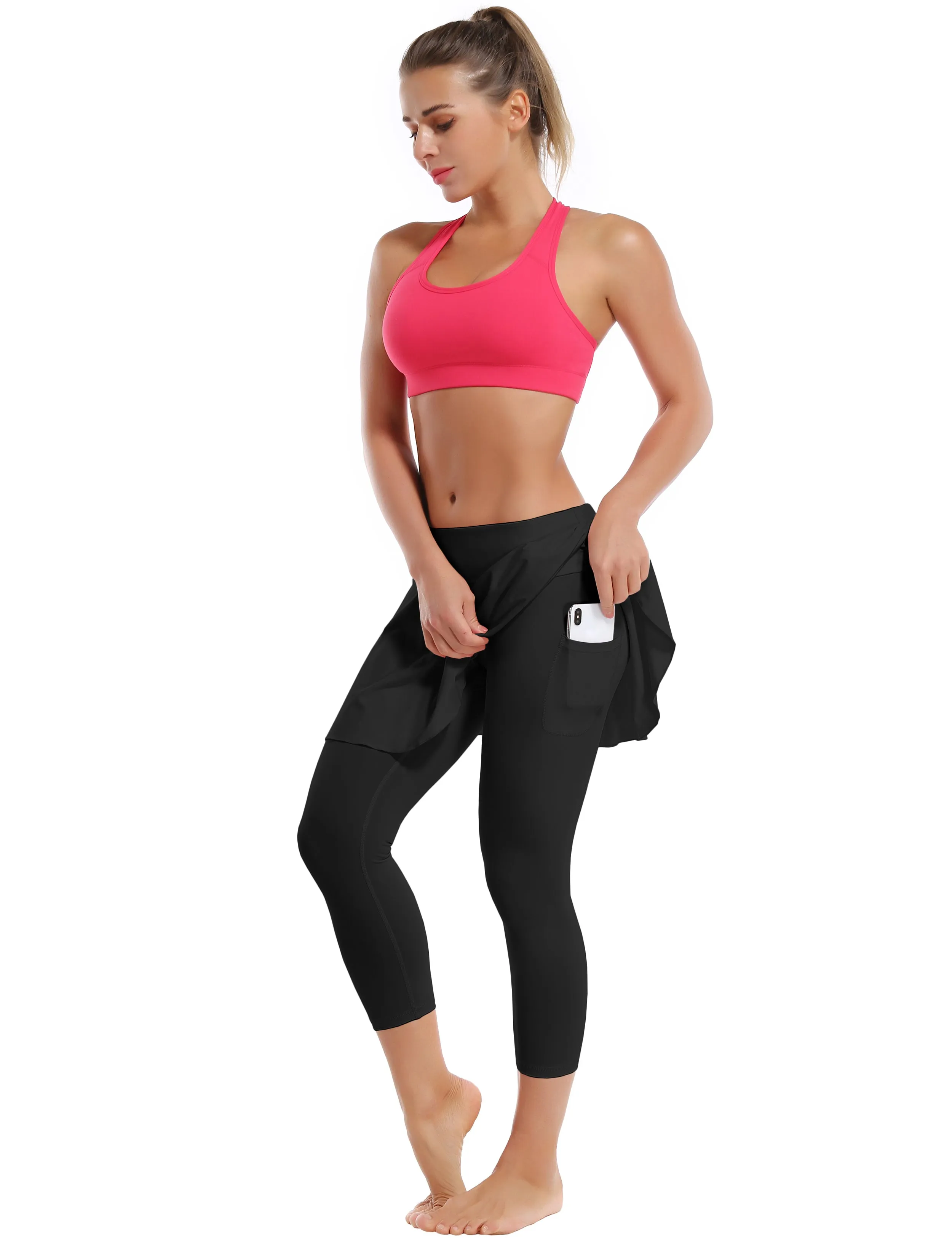 19" Capris Tennis Golf Skirted Leggings with Pockets black_Jogging