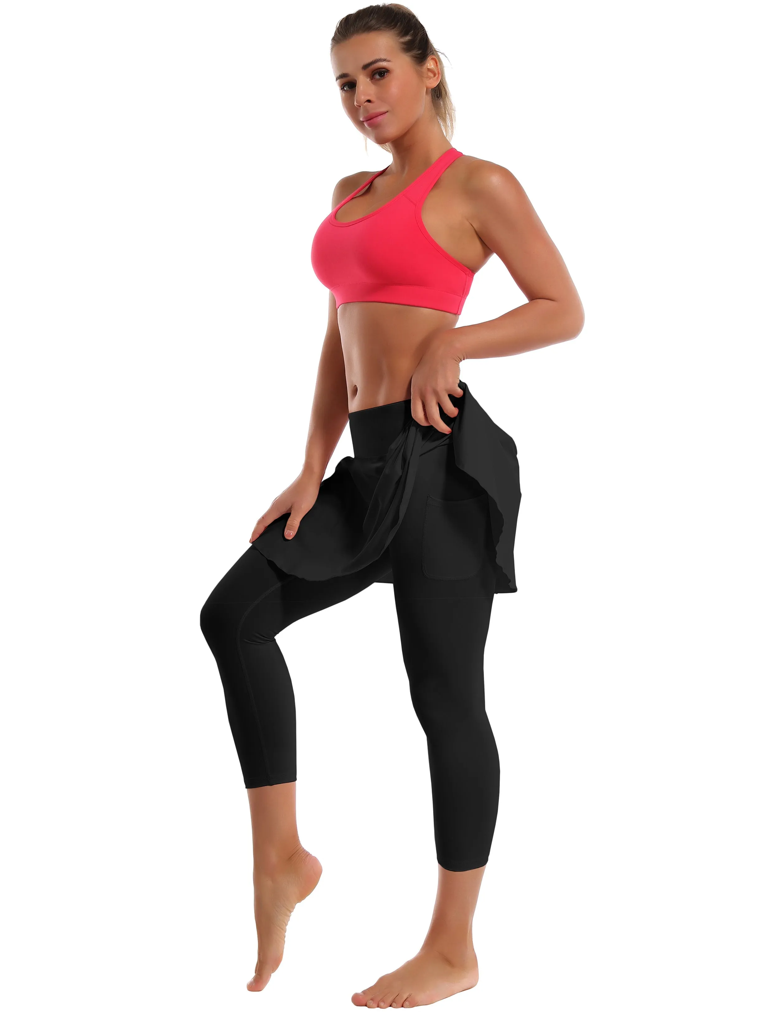 19" Capris Tennis Golf Skirted Leggings with Pockets black_Jogging