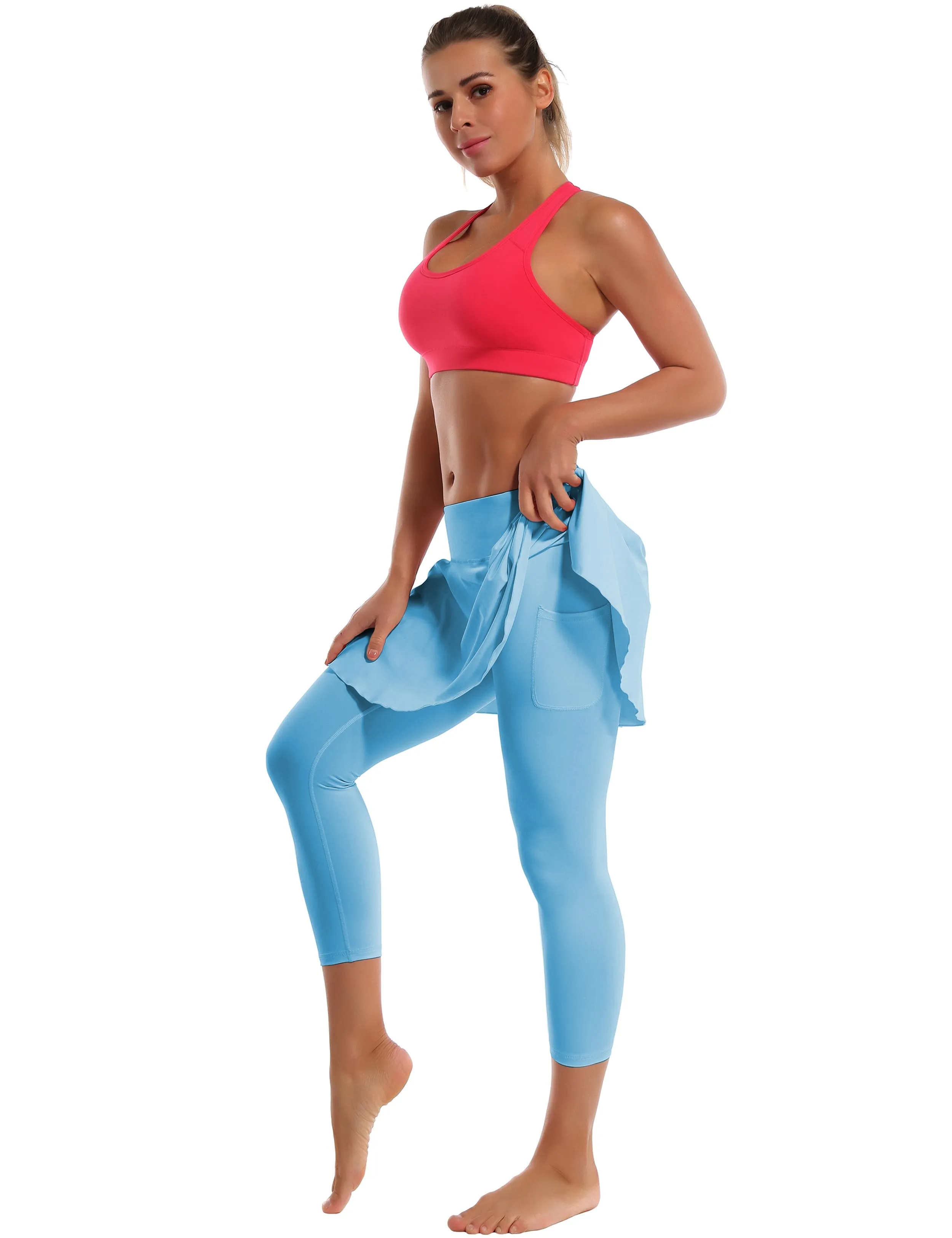 19" Capris Tennis Golf Skirted Leggings with Pockets blue_Tall Size