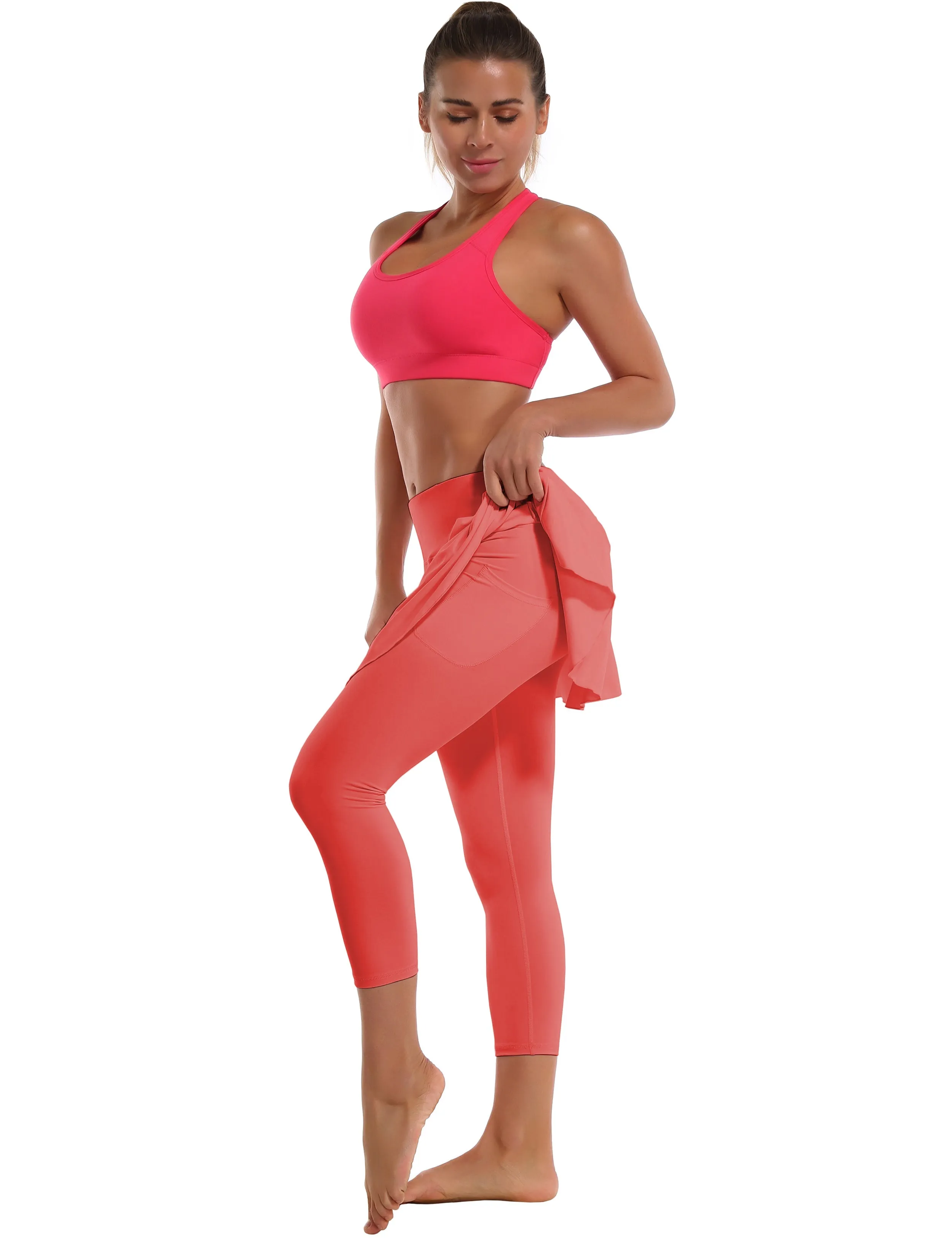 19" Capris Tennis Golf Skirted Leggings with Pockets coral_Plus Size