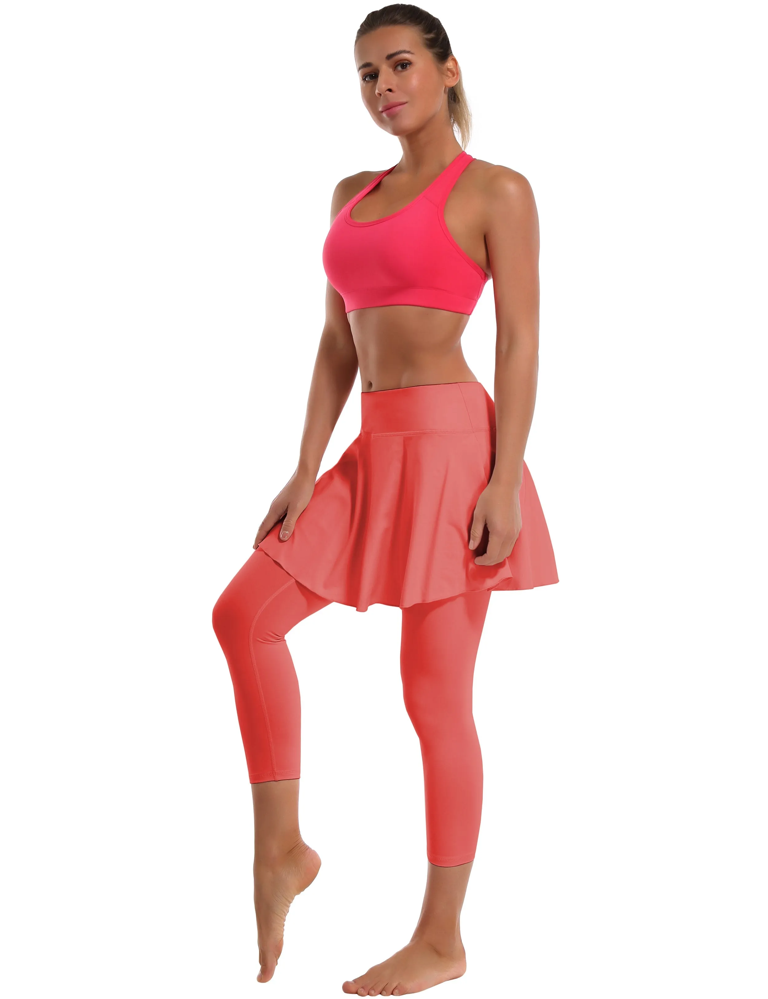 19" Capris Tennis Golf Skirted Leggings with Pockets coral_Plus Size