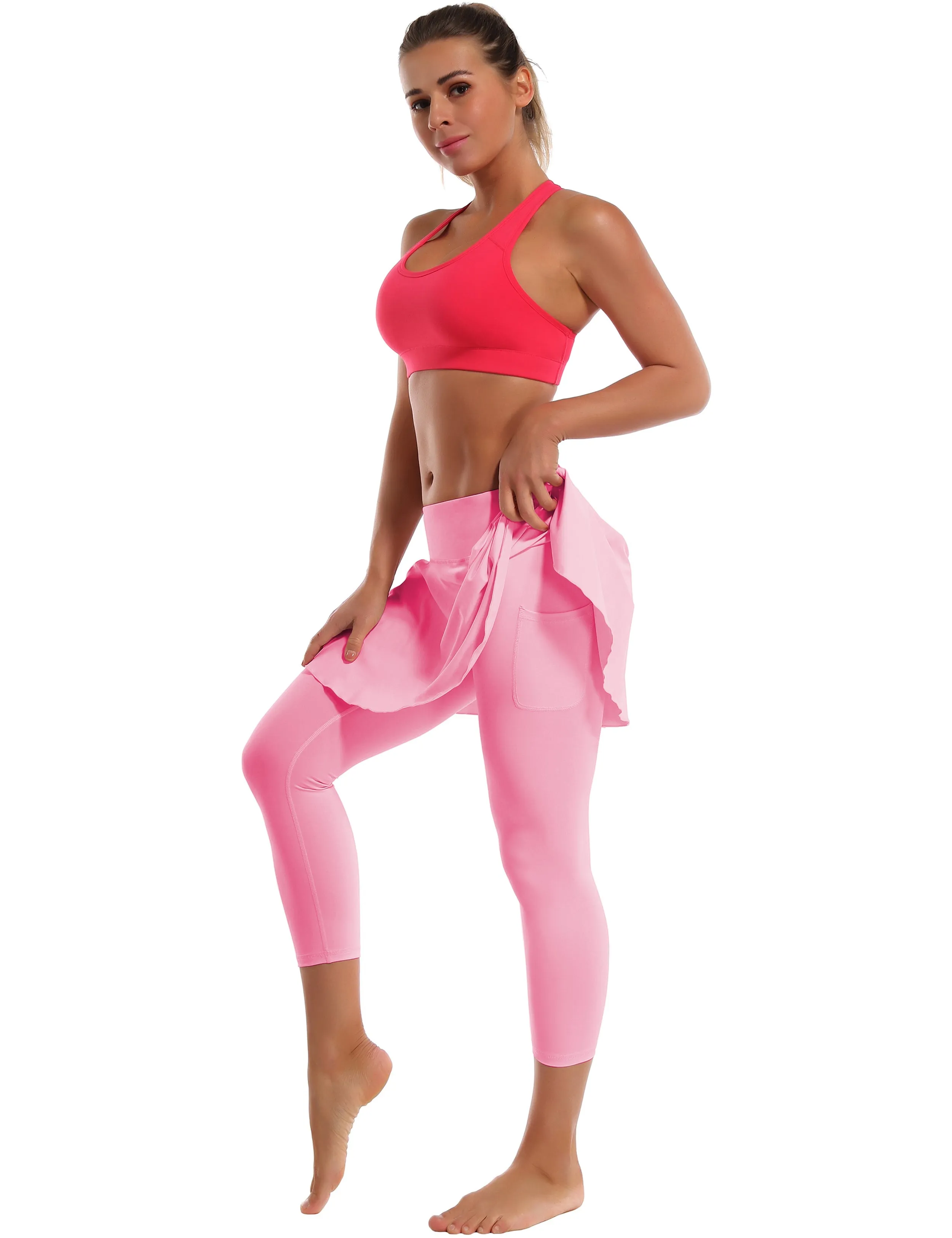 19" Capris Tennis Golf Skirted Leggings with Pockets lightpink_Plus Size