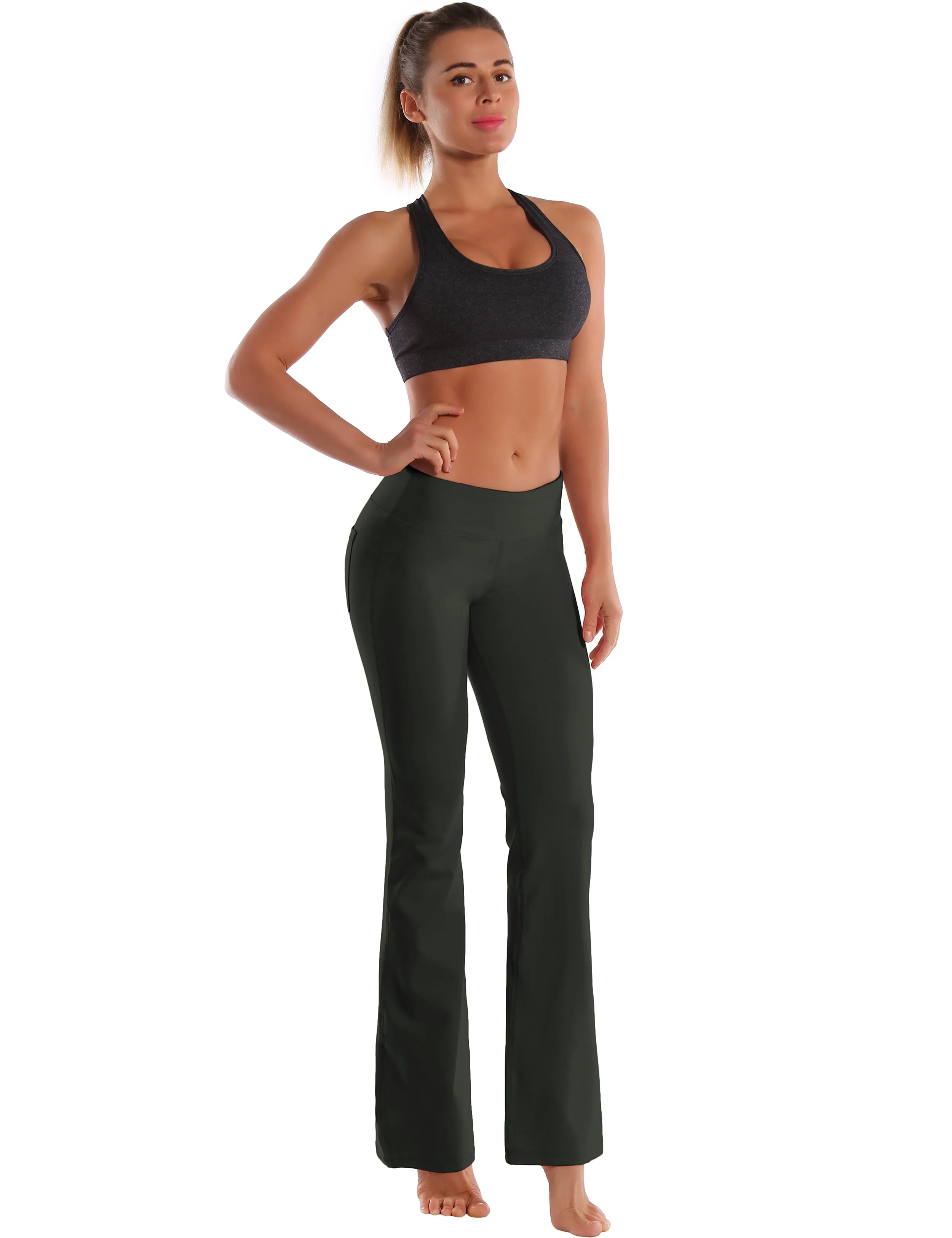 29" 31" 33" 35" 37"  Back Pockets Bootcut Leggings olivegray_Plus Size