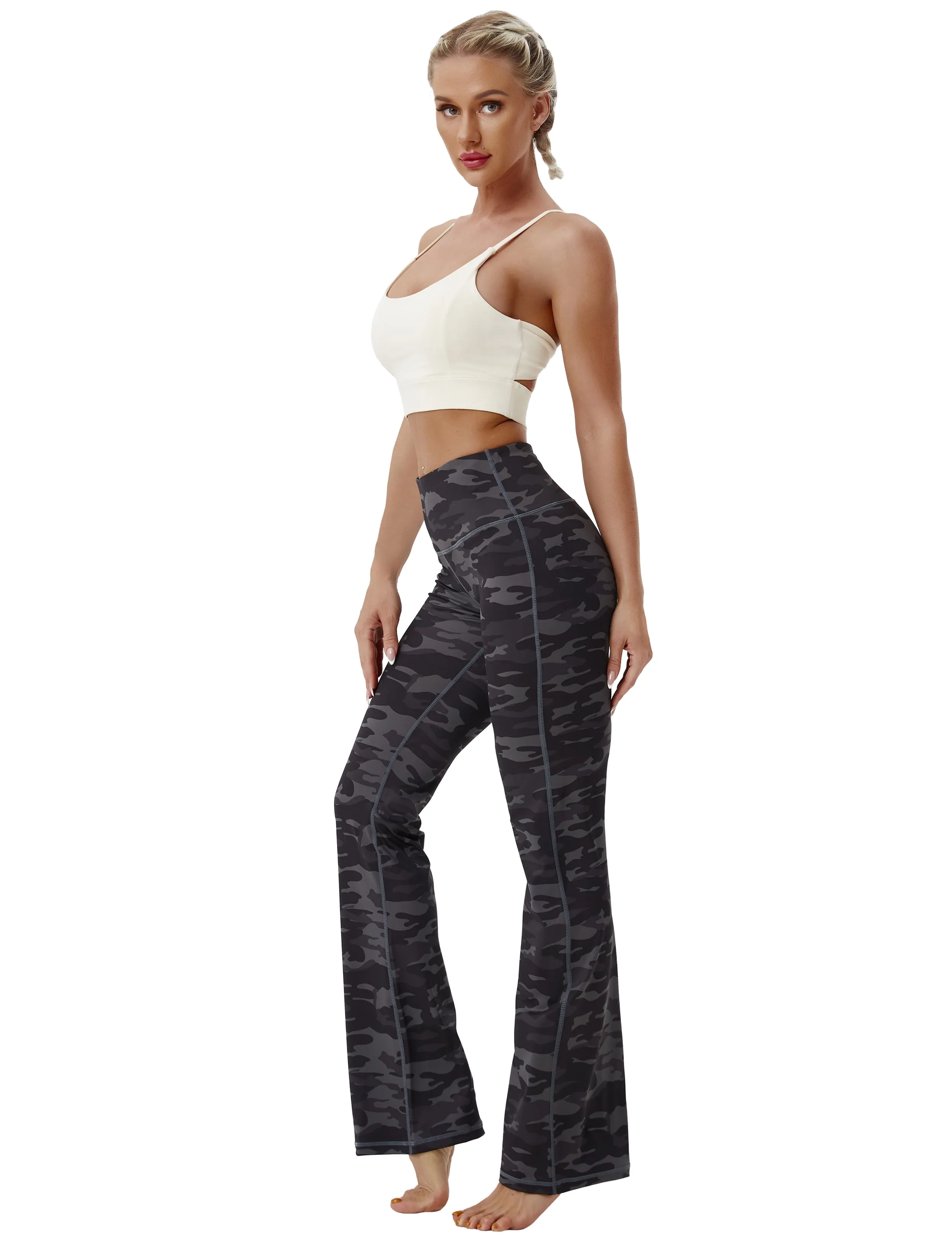29" 31" 33" 35" 37" High Waist Printed Bootcut Leggings dimgray camo_Pilates