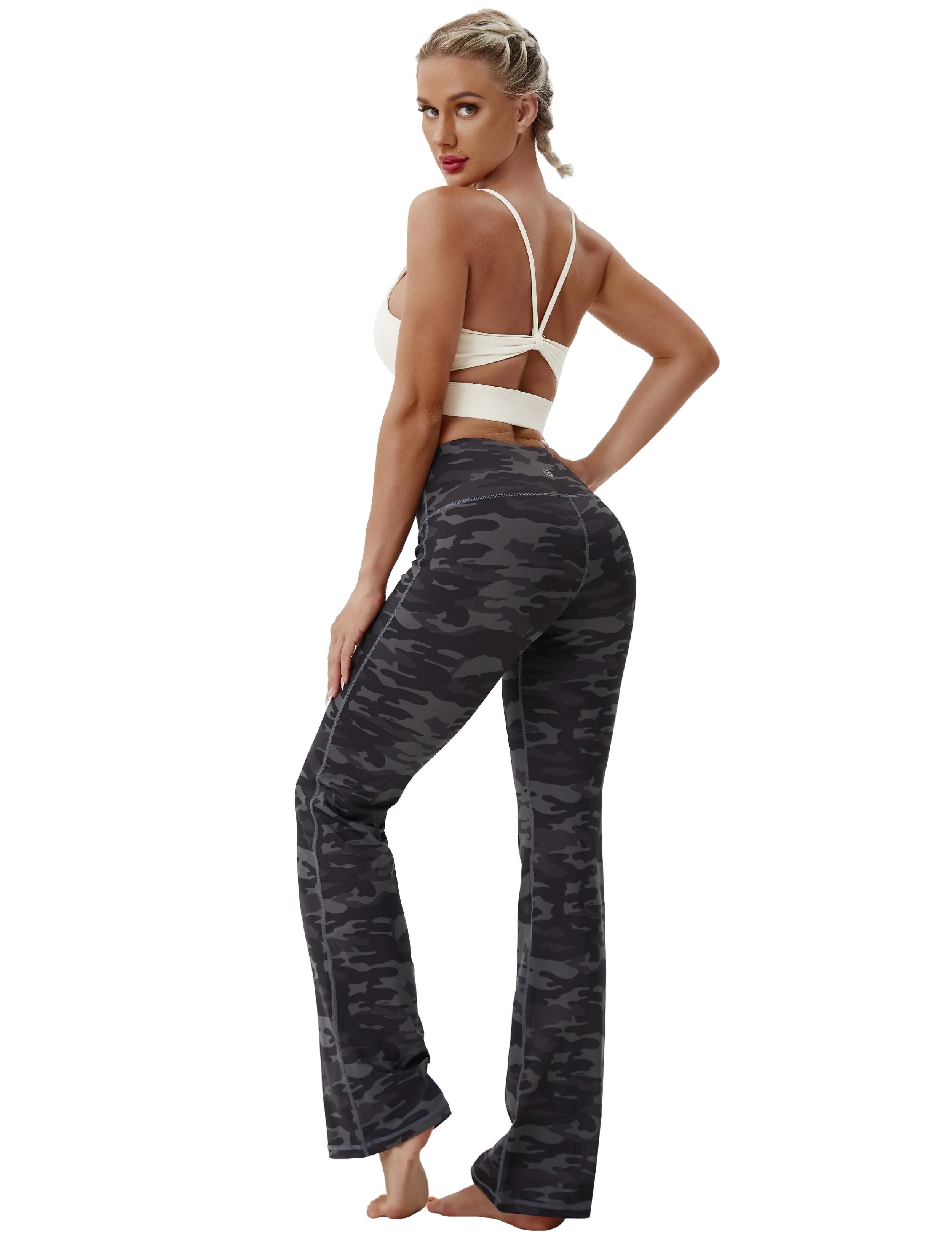 29" 31" 33" 35" 37" High Waist Printed Bootcut Leggings dimgray camo_Pilates