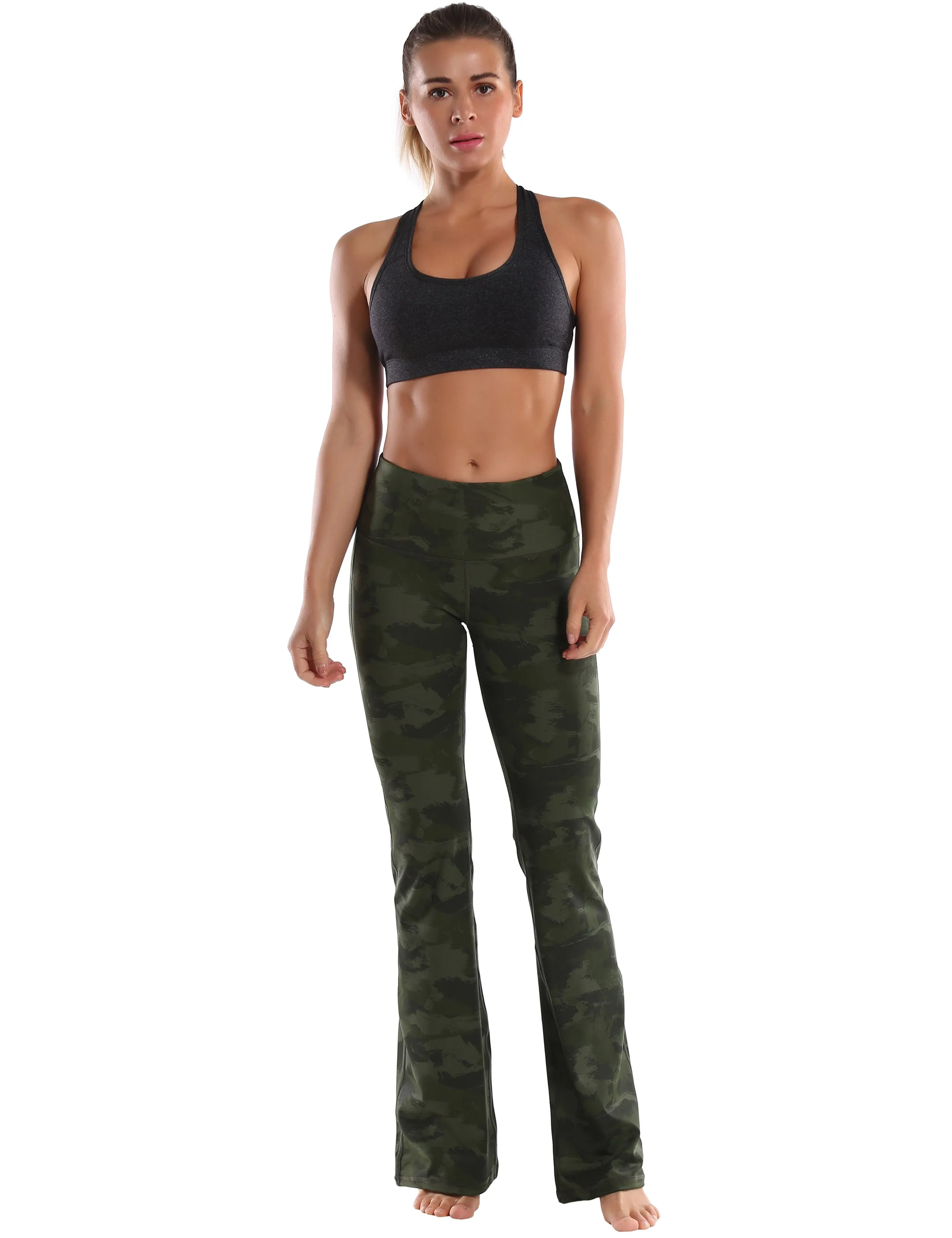 29" 31" 33" 35" 37" High Waist Printed Bootcut Leggings green brushcamo_Pilates