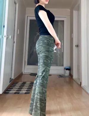 29" 31" 33" 35" 37" High Waist Printed Bootcut Leggings green camo ins_Pilates