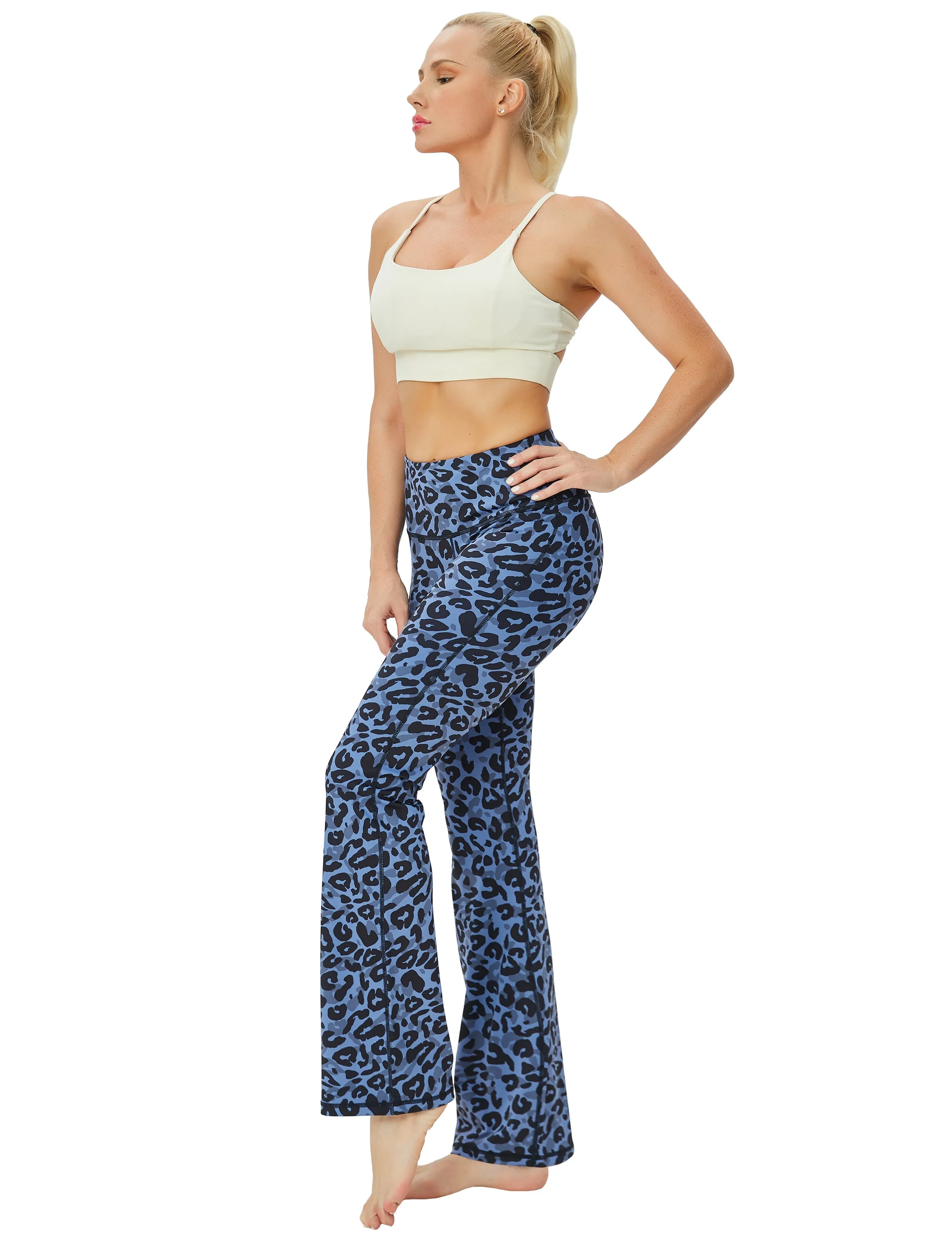 29" 31" 33" 35" 37" High Waist Printed Bootcut Leggings navy_leopard_Biking