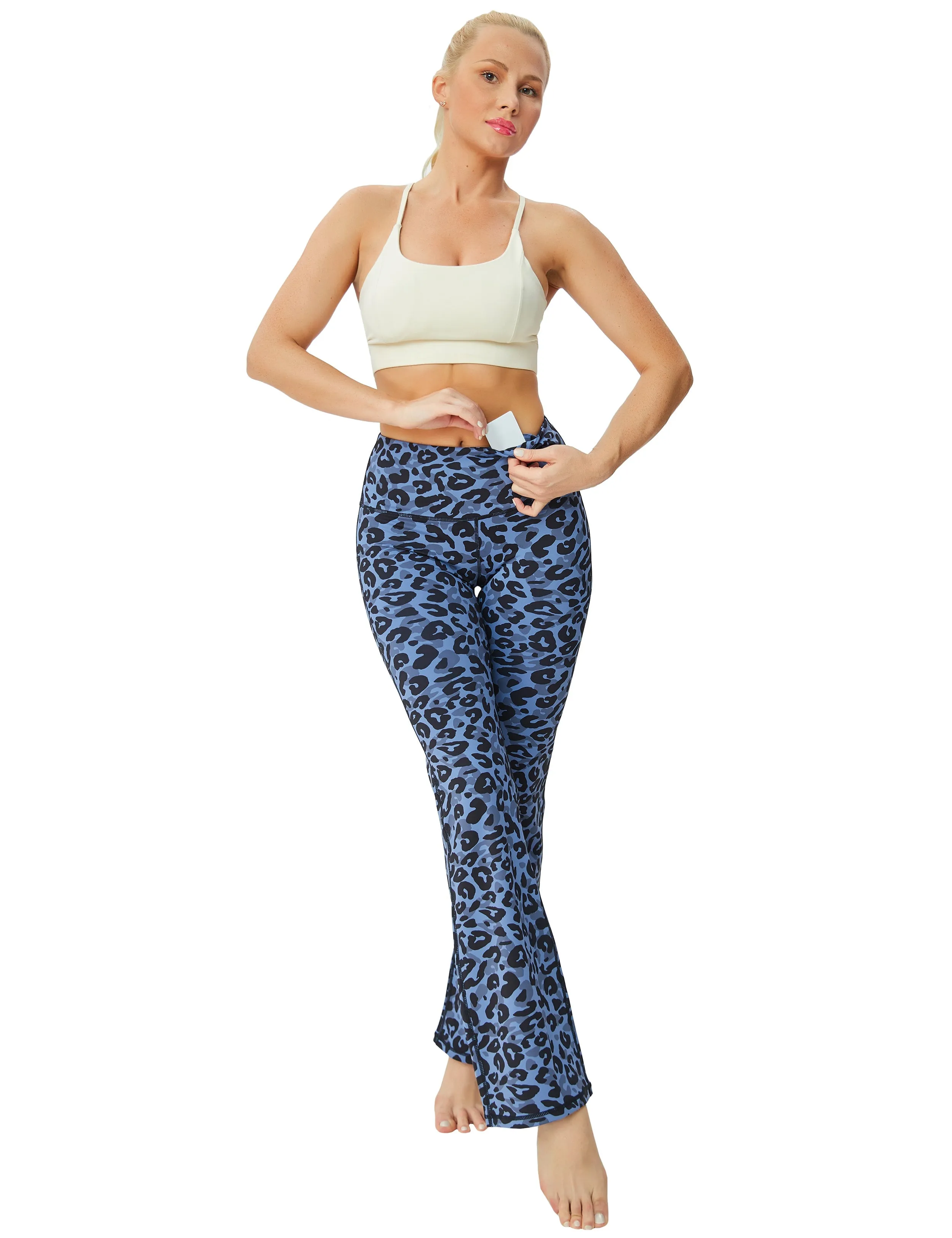 29" 31" 33" 35" 37" High Waist Printed Bootcut Leggings navy_leopard_Biking
