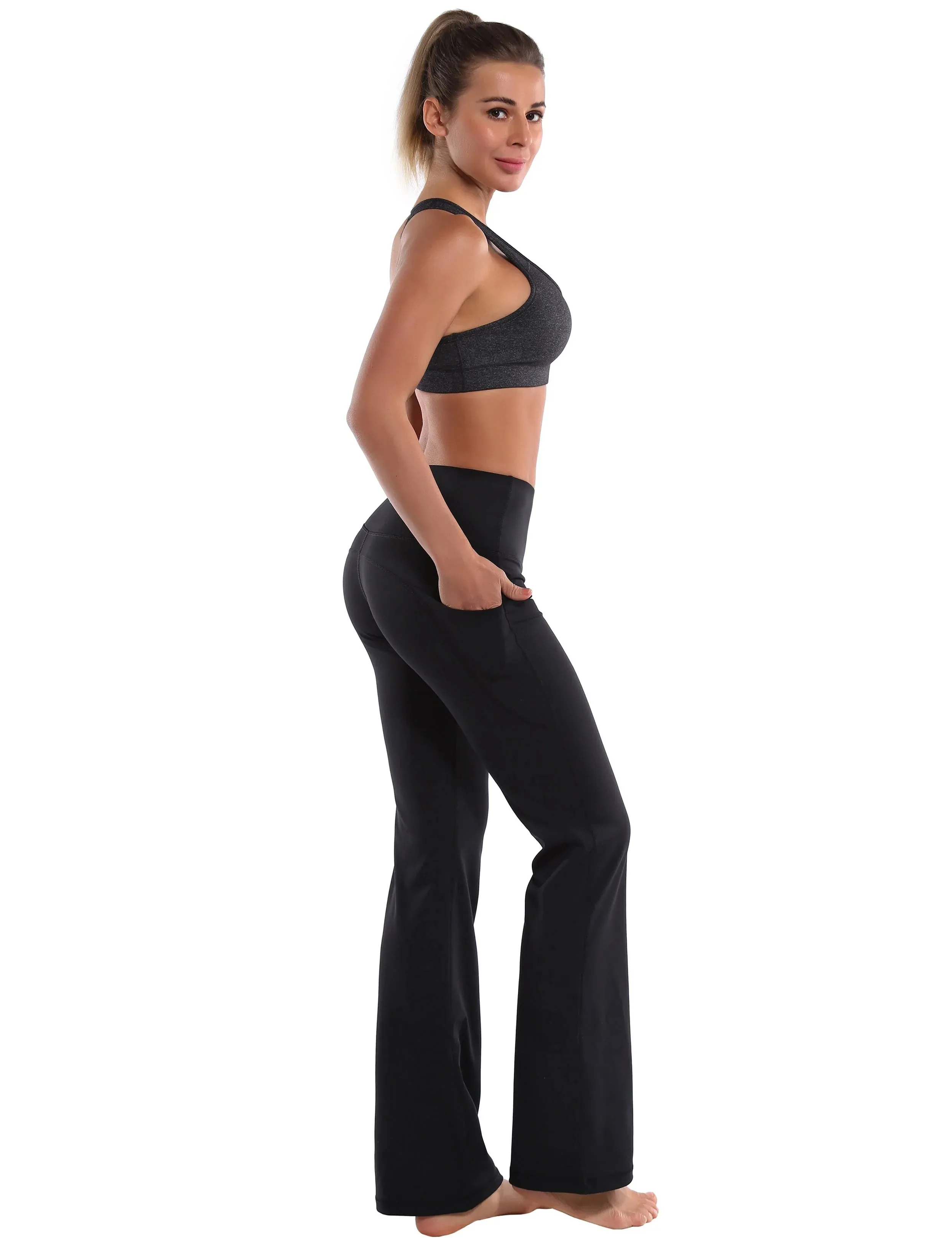 29" 31" 33" 35" 37"  Side Pockets Bootcut Leggings jetblack_yogastudio