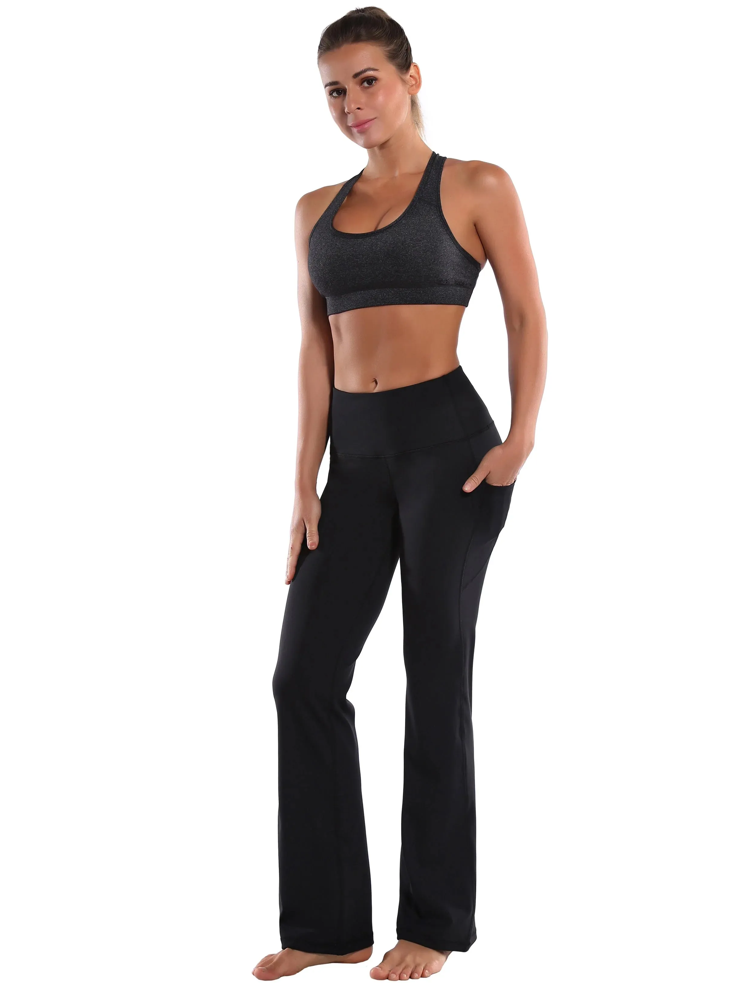 29" 31" 33" 35" 37"  Side Pockets Bootcut Leggings jetblack_yogastudio
