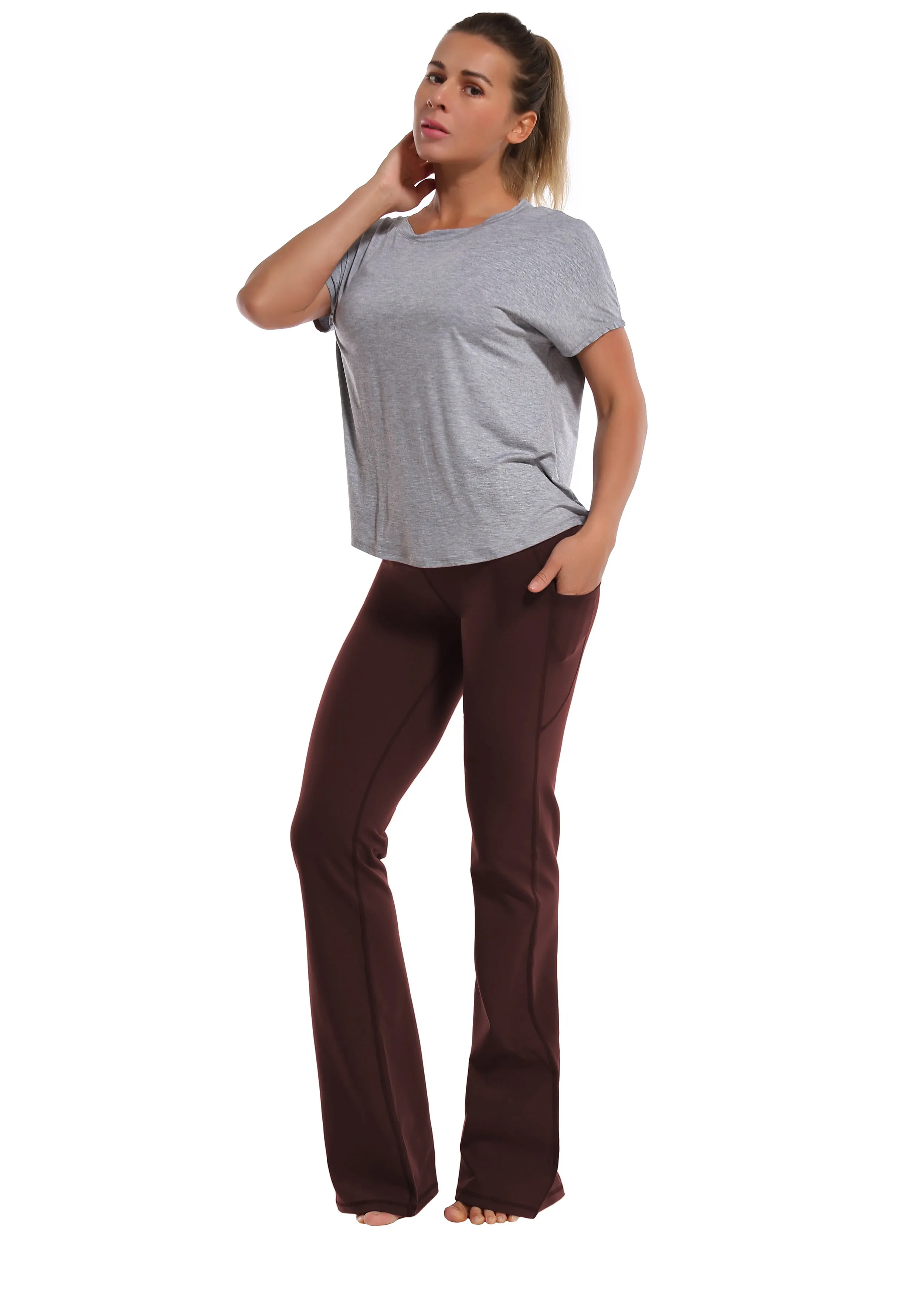 29" 31" 33" 35" 37"  Side Pockets Bootcut Leggings mahoganymaroon_Tall Size