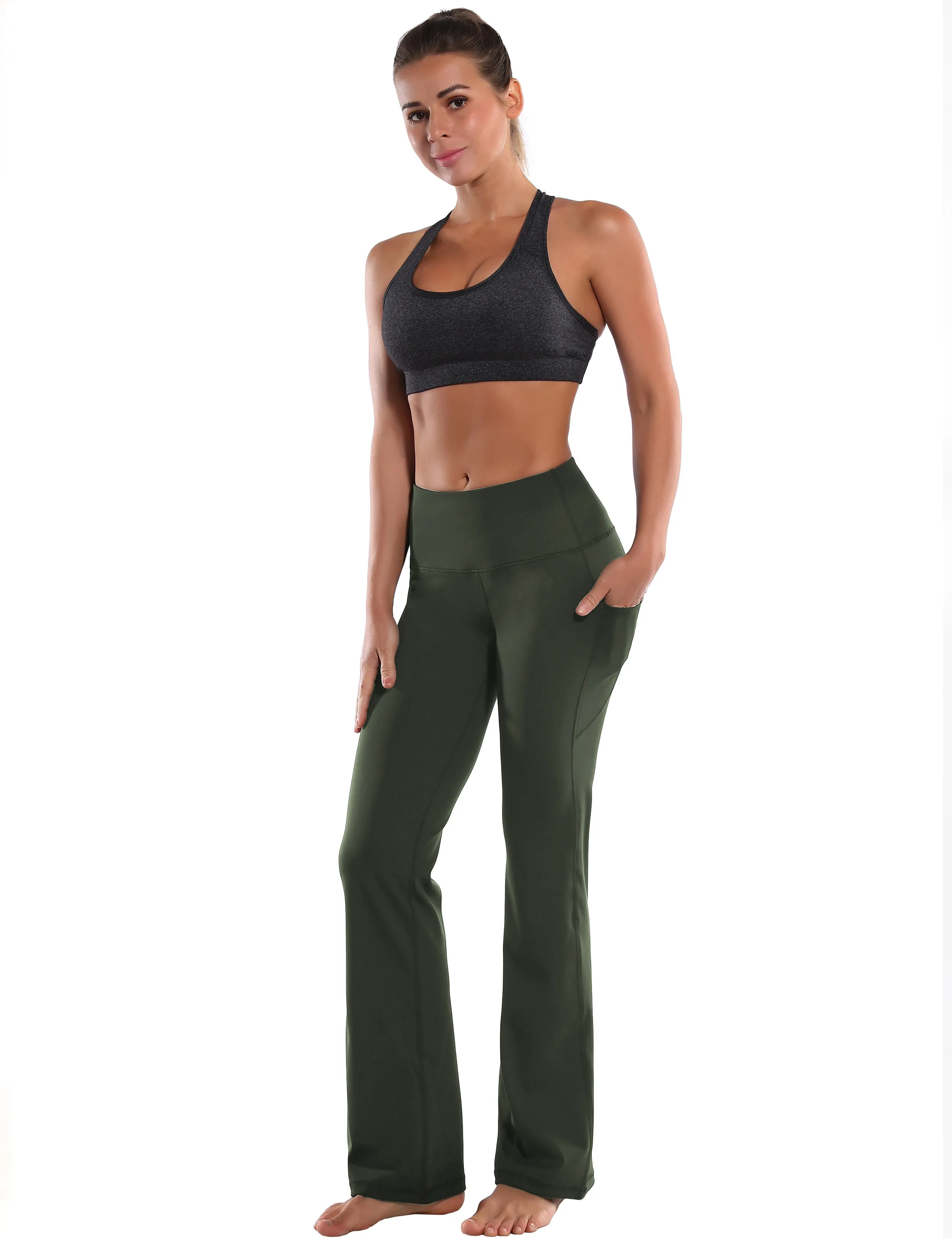 29" 31" 33" 35" 37"  Side Pockets Bootcut Leggings olivegreen_Jogging