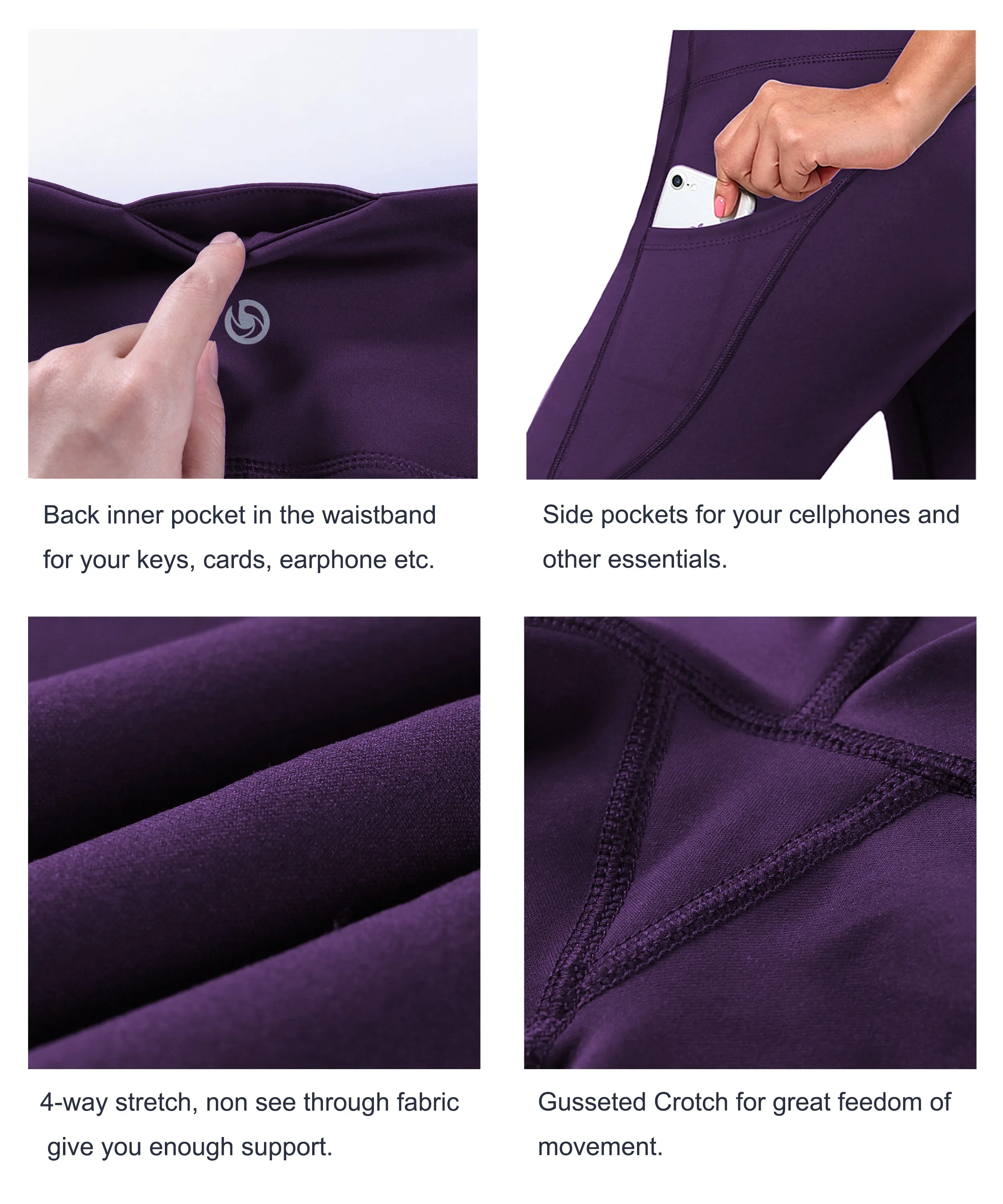 29" 31" 33" 35" 37"  Side Pockets Bootcut Leggings pansypurple_Gym