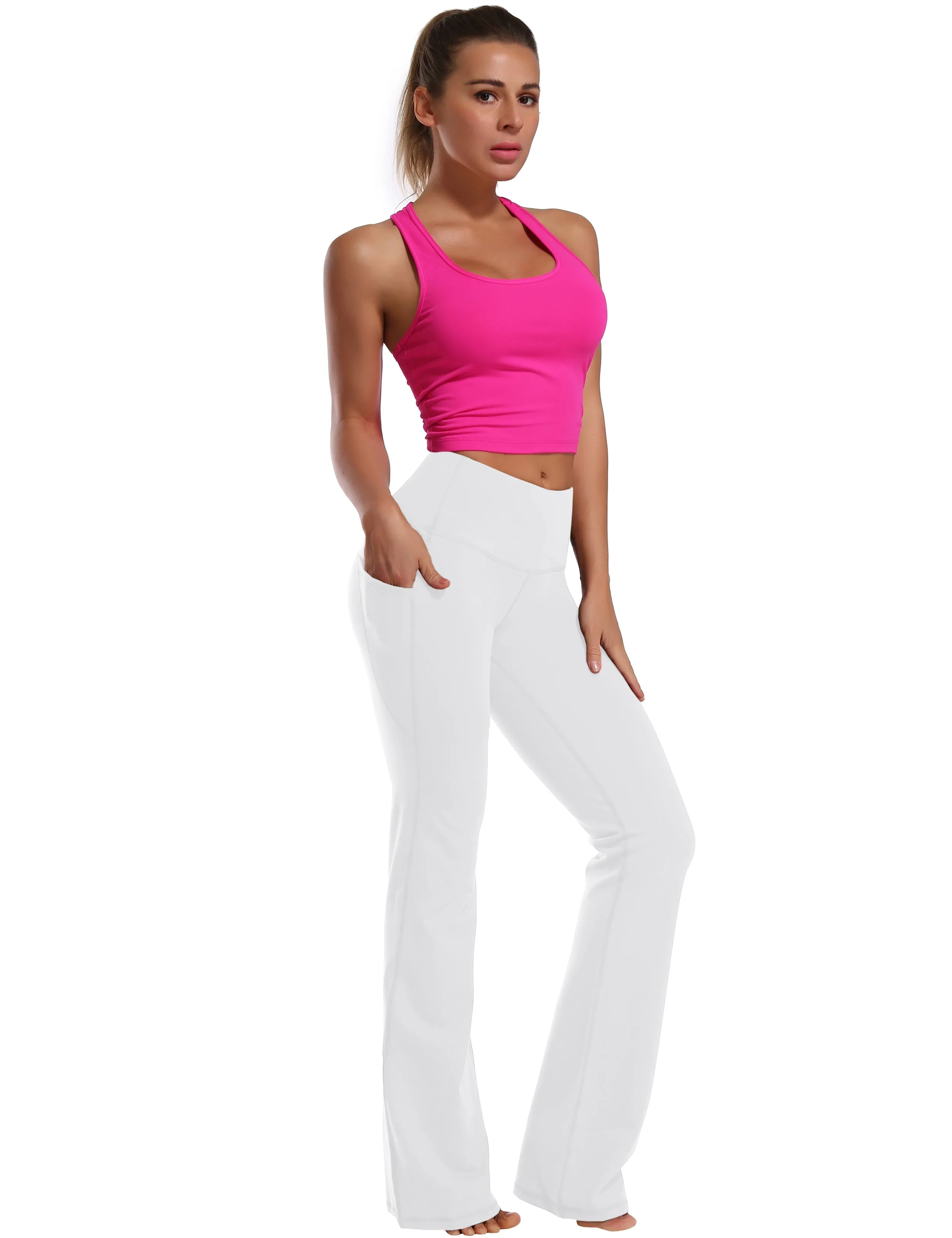 29" 31" 33" 35" 37"  Side Pockets Bootcut Leggings white_Pilates