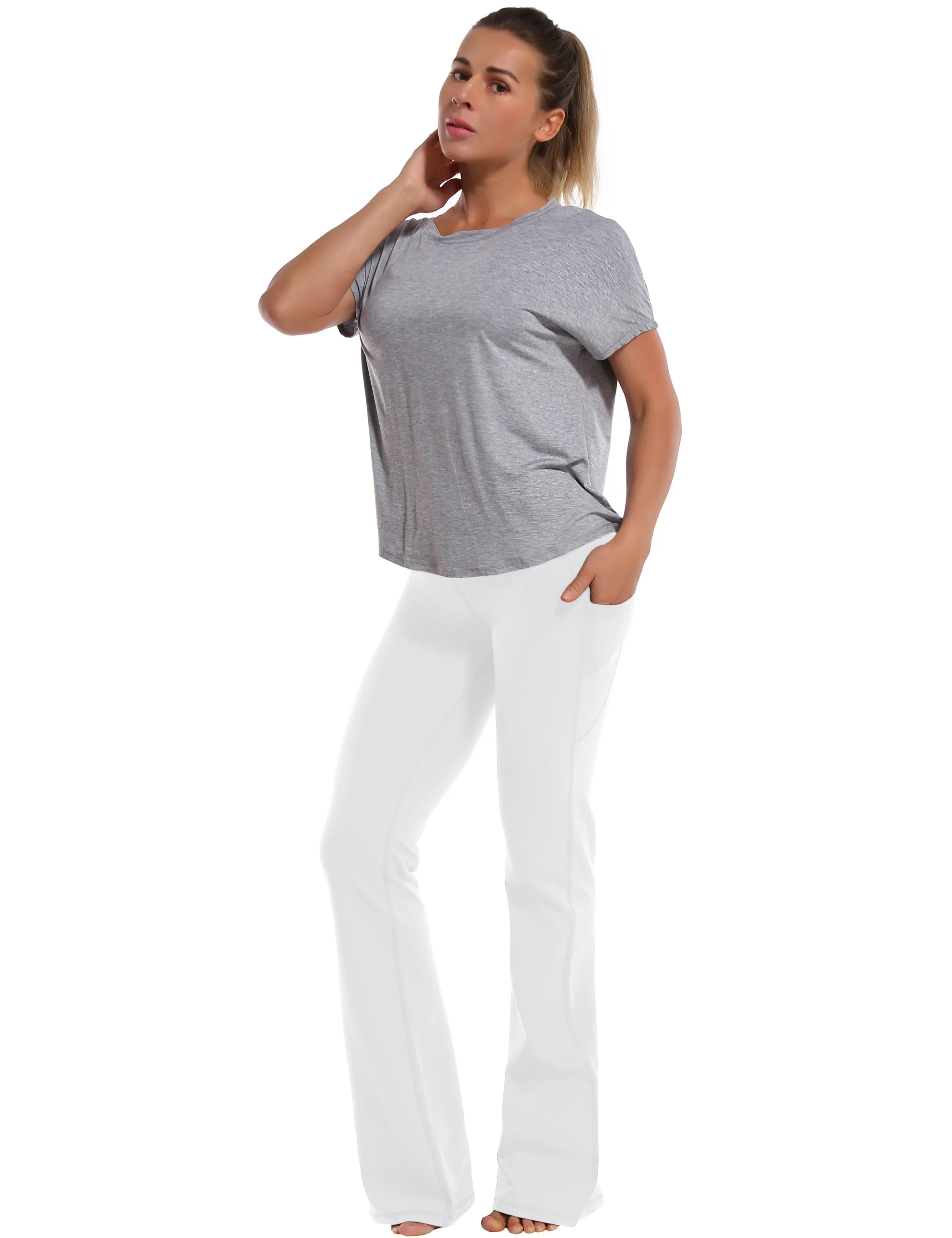 29" 31" 33" 35" 37"  Side Pockets Bootcut Leggings white_Pilates
