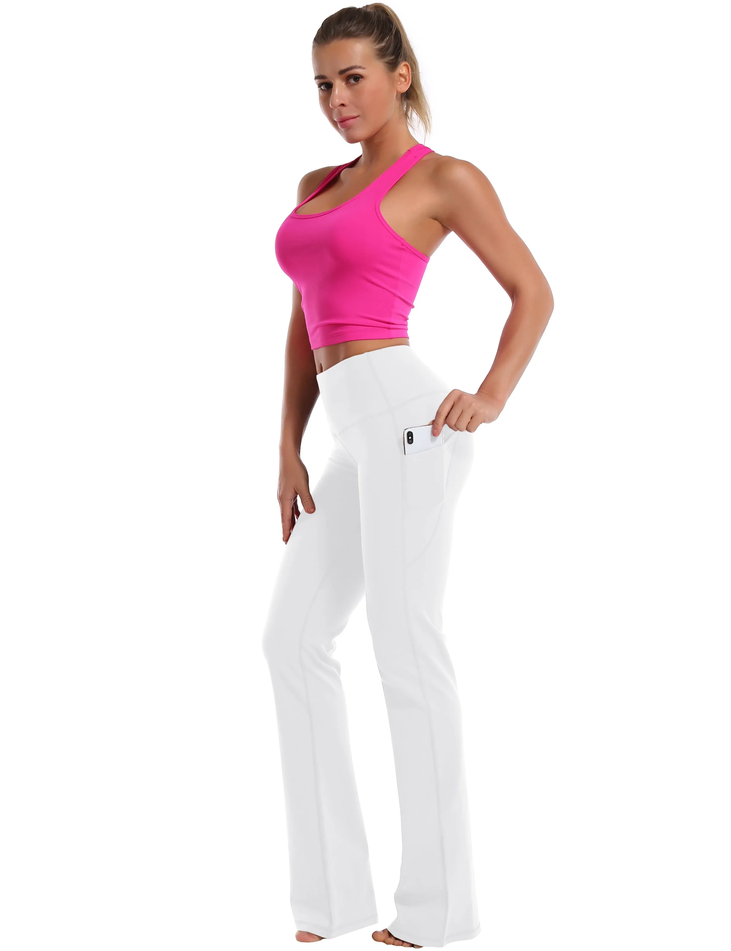 29" 31" 33" 35" 37"  Side Pockets Bootcut Leggings white_Pilates