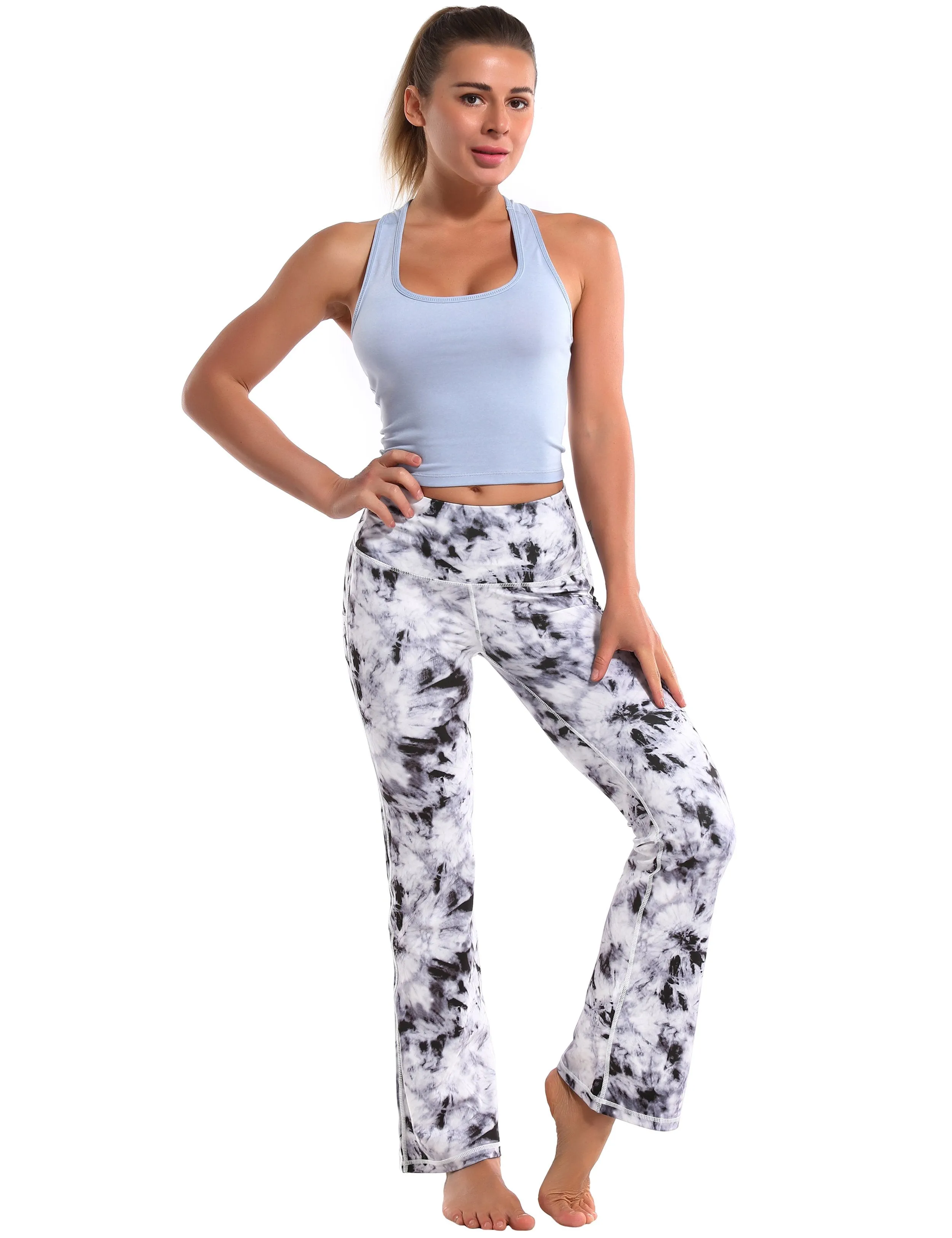 29" 31" 33" 35" 37"  Side Pockets Printed Bootcut Leggings black dandelion ins_Pilates