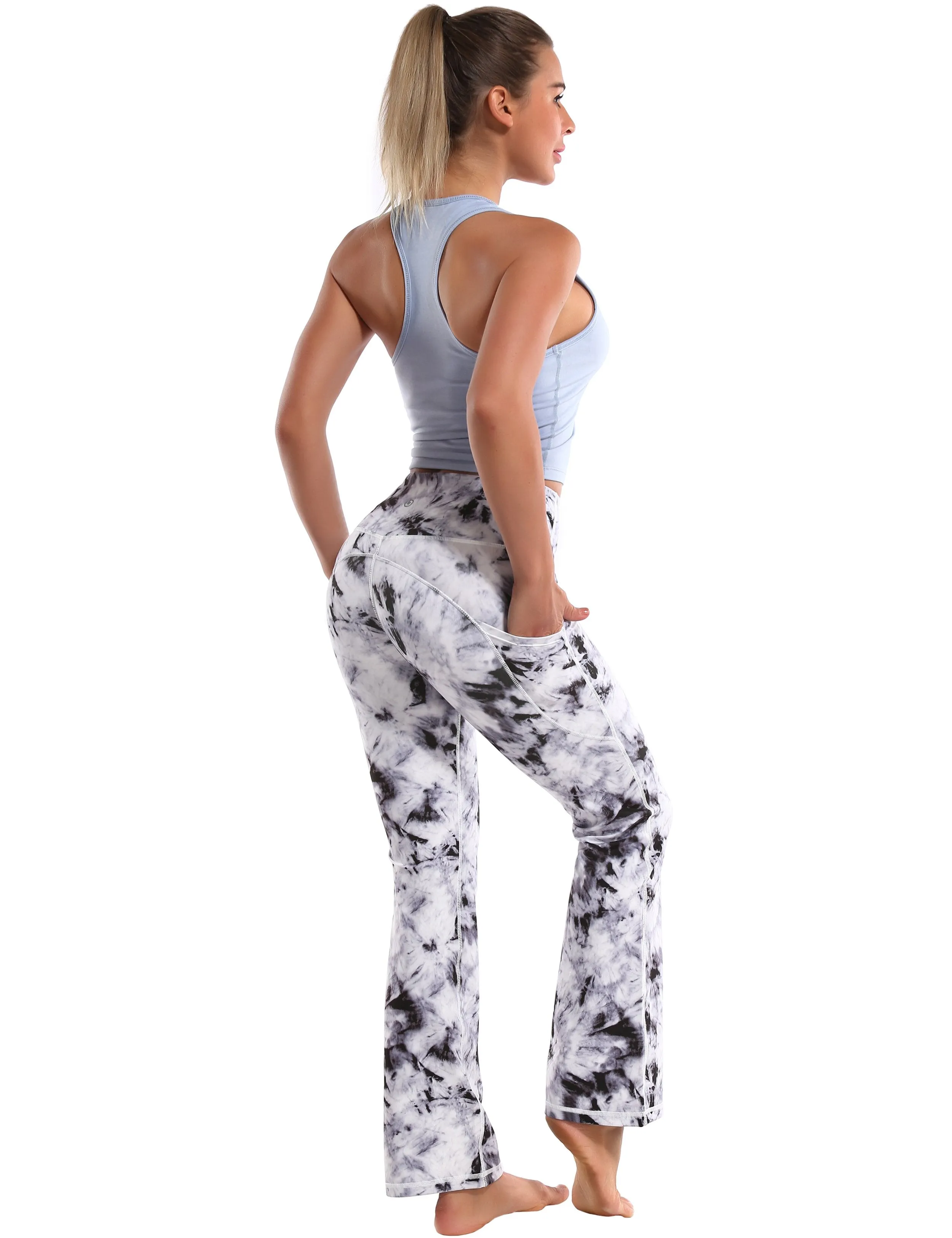 29" 31" 33" 35" 37"  Side Pockets Printed Bootcut Leggings black dandelion ins_Pilates