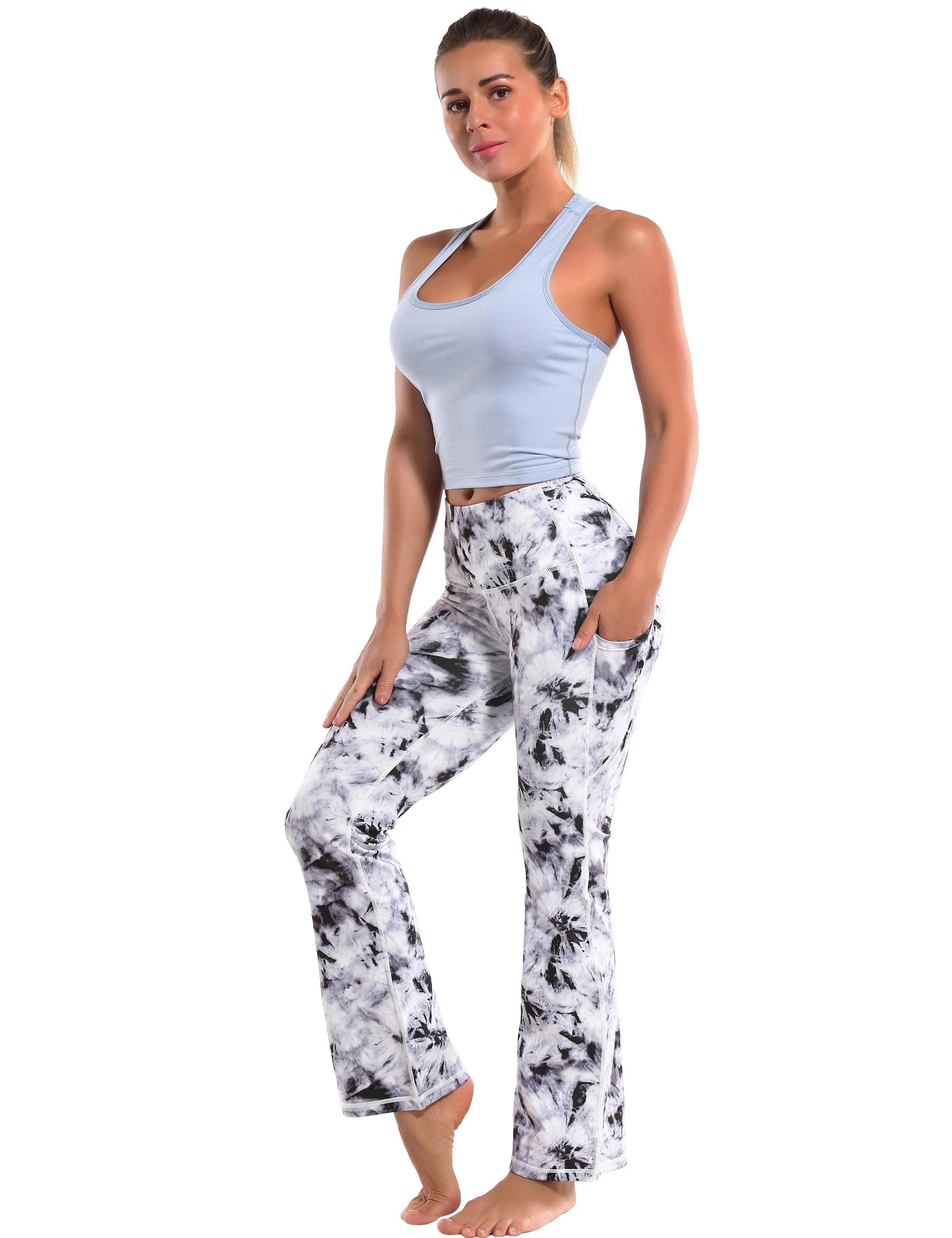 29" 31" 33" 35" 37"  Side Pockets Printed Bootcut Leggings black dandelion ins_Pilates