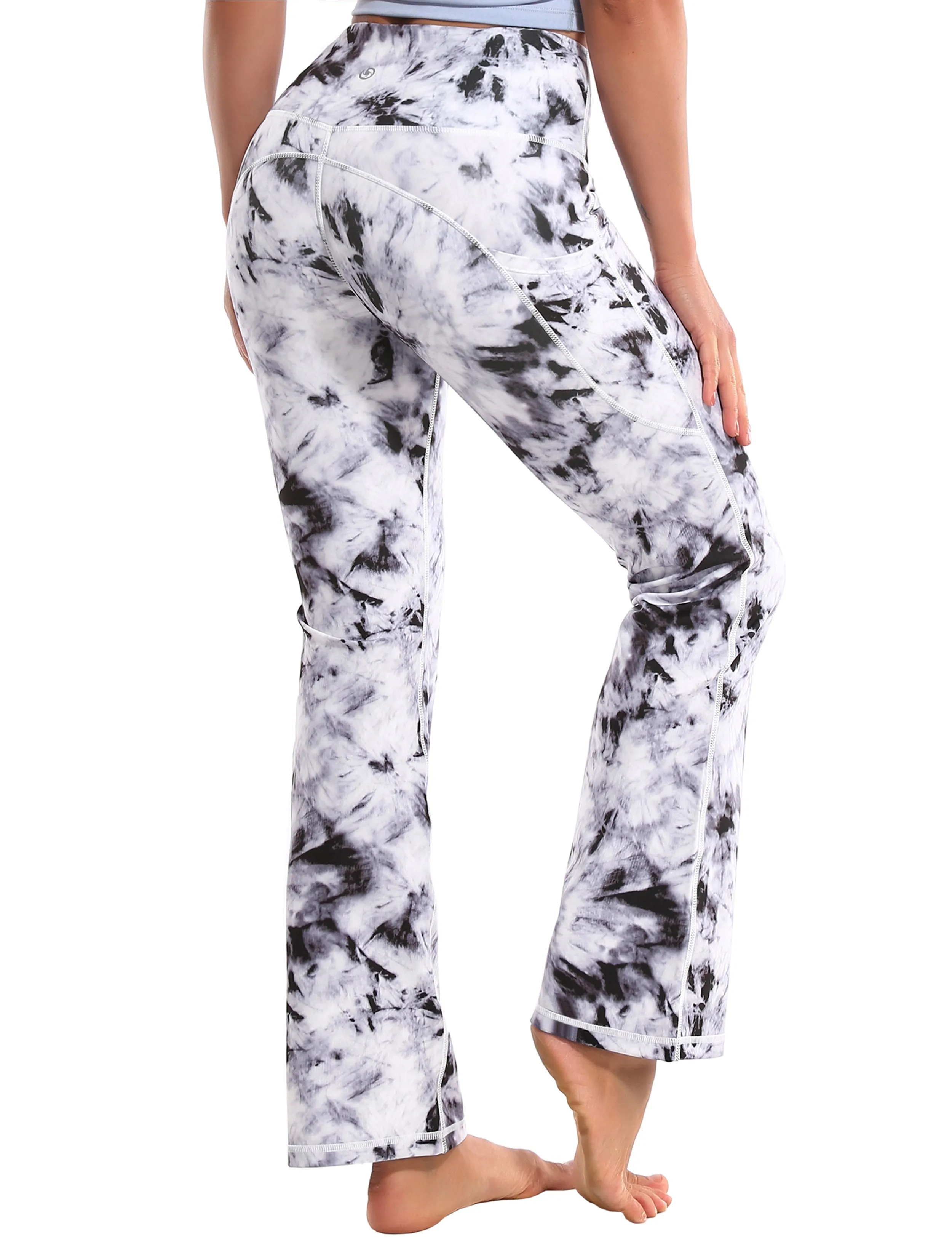 29" 31" 33" 35" 37"  Side Pockets Printed Bootcut Leggings black dandelion_Pilates