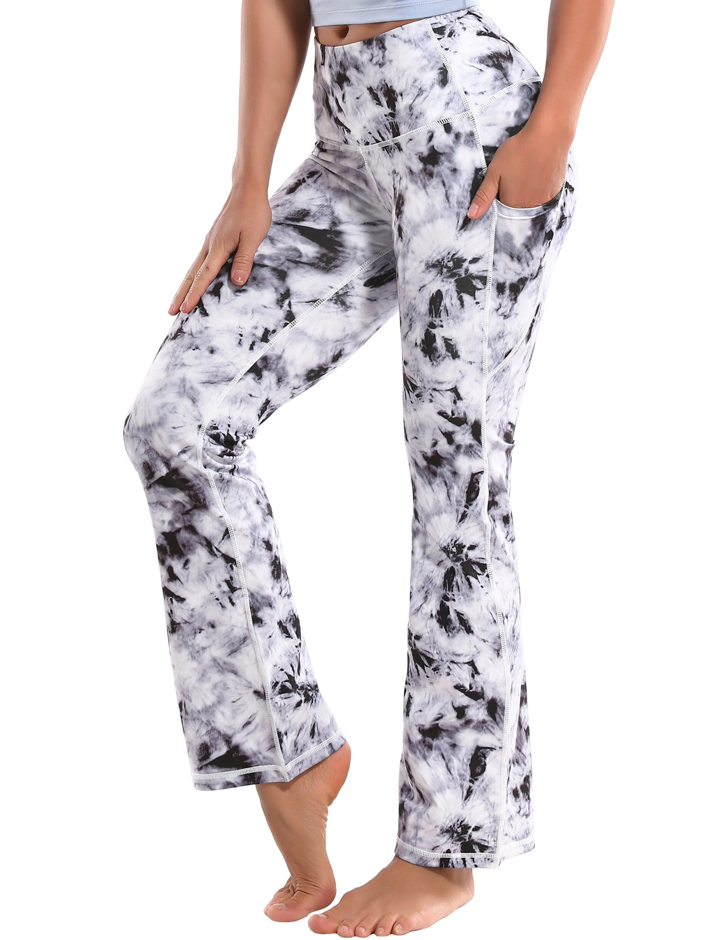 29" 31" 33" 35" 37"  Side Pockets Printed Bootcut Leggings black dandelion_Pilates