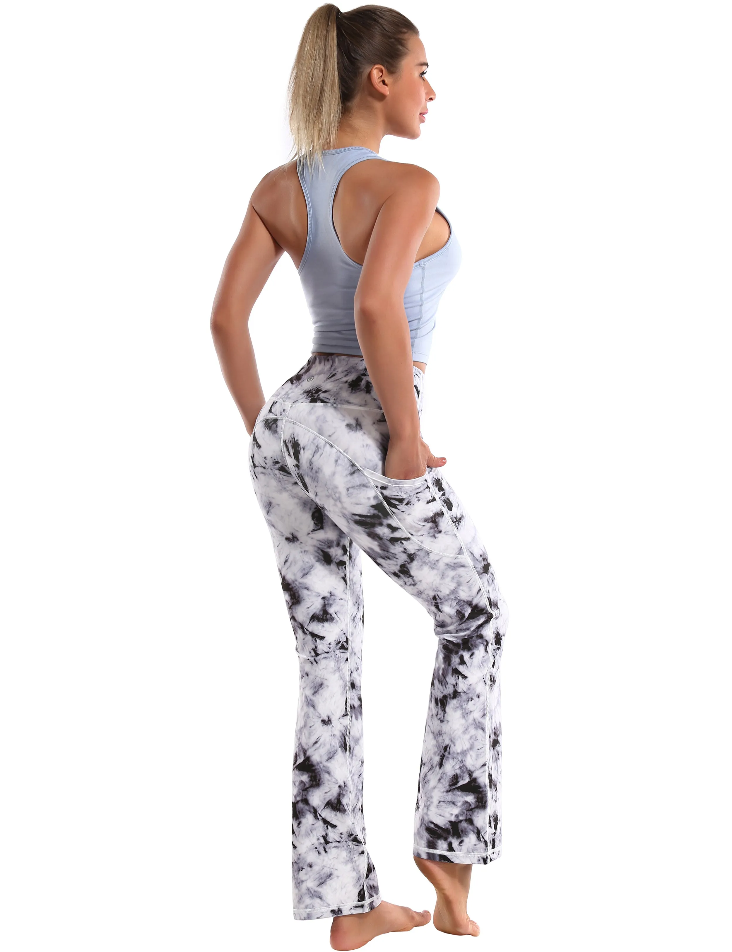 29" 31" 33" 35" 37"  Side Pockets Printed Bootcut Leggings black dandelion_Pilates