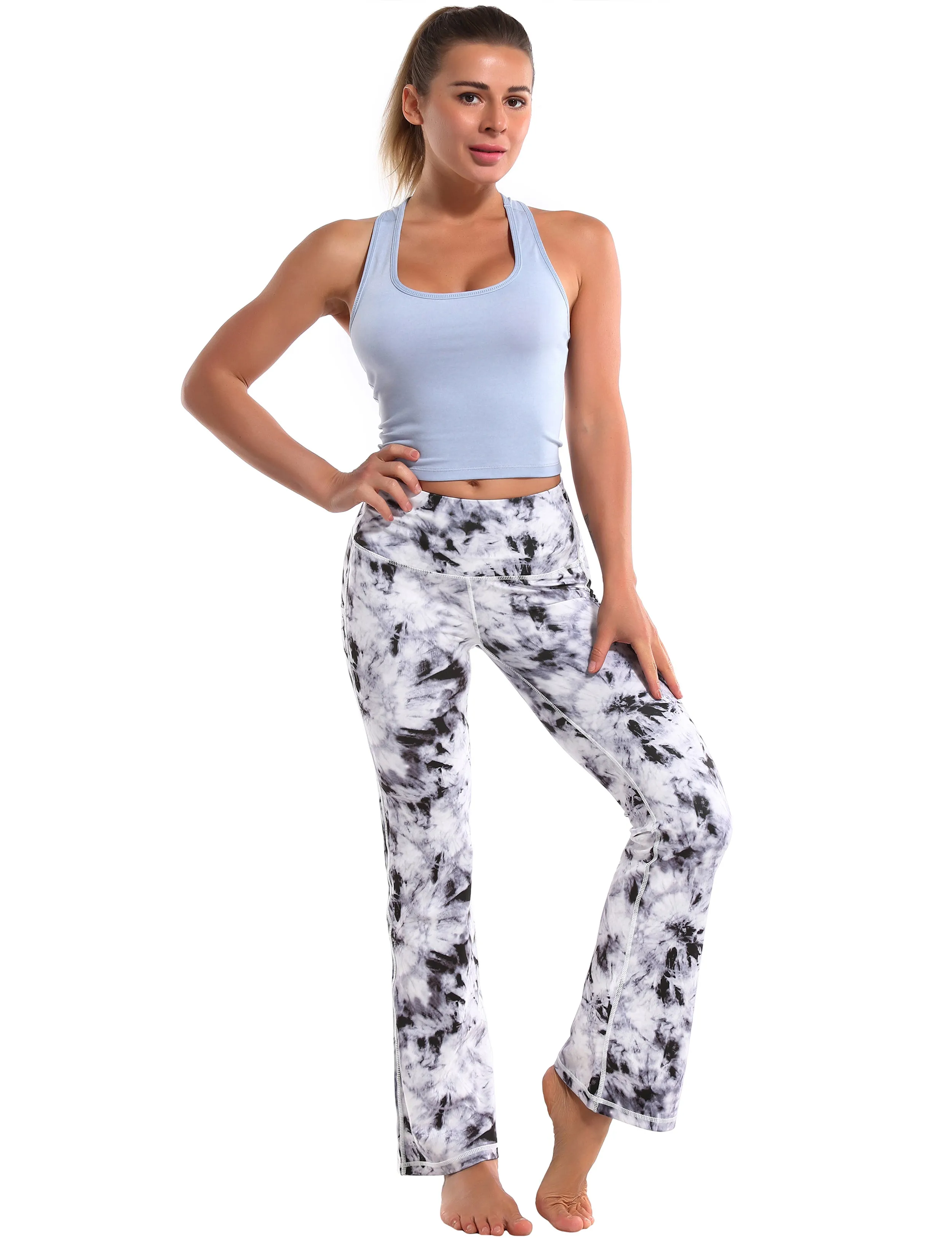 29" 31" 33" 35" 37"  Side Pockets Printed Bootcut Leggings black dandelion_Pilates
