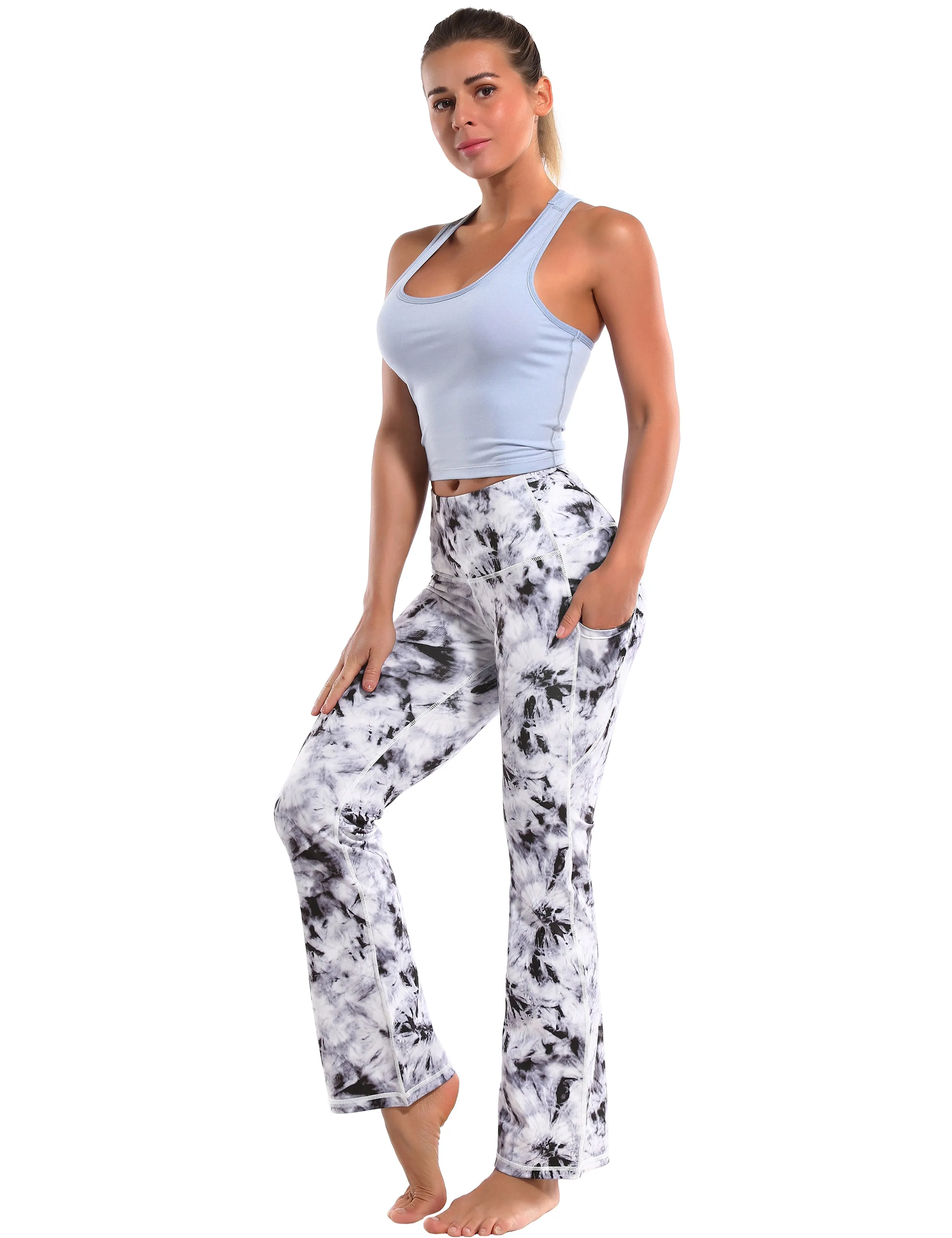 29" 31" 33" 35" 37"  Side Pockets Printed Bootcut Leggings black dandelion_Pilates
