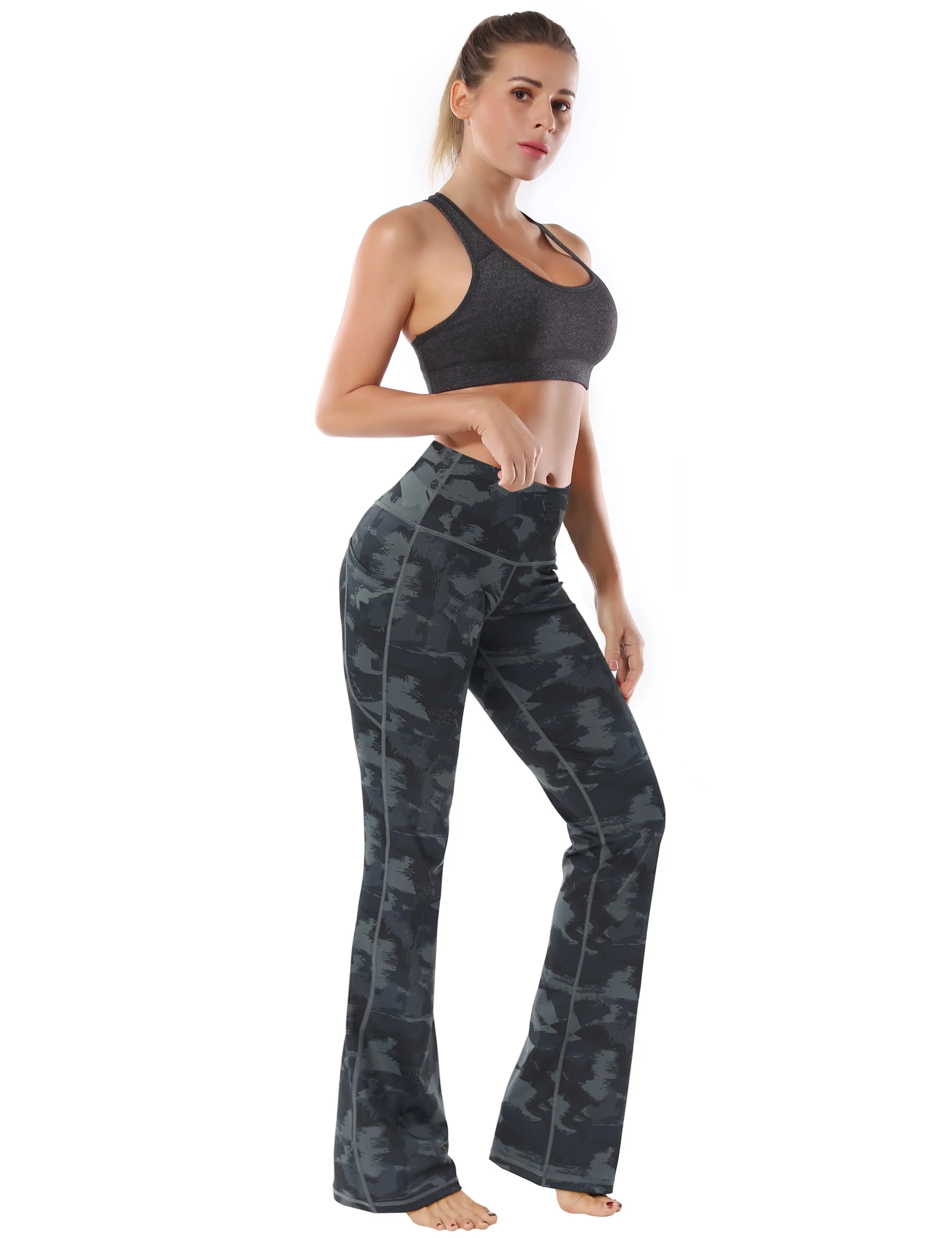 29" 31" 33" 35" 37"  Side Pockets Printed Bootcut Leggings dimgray brushcamo_Pilates