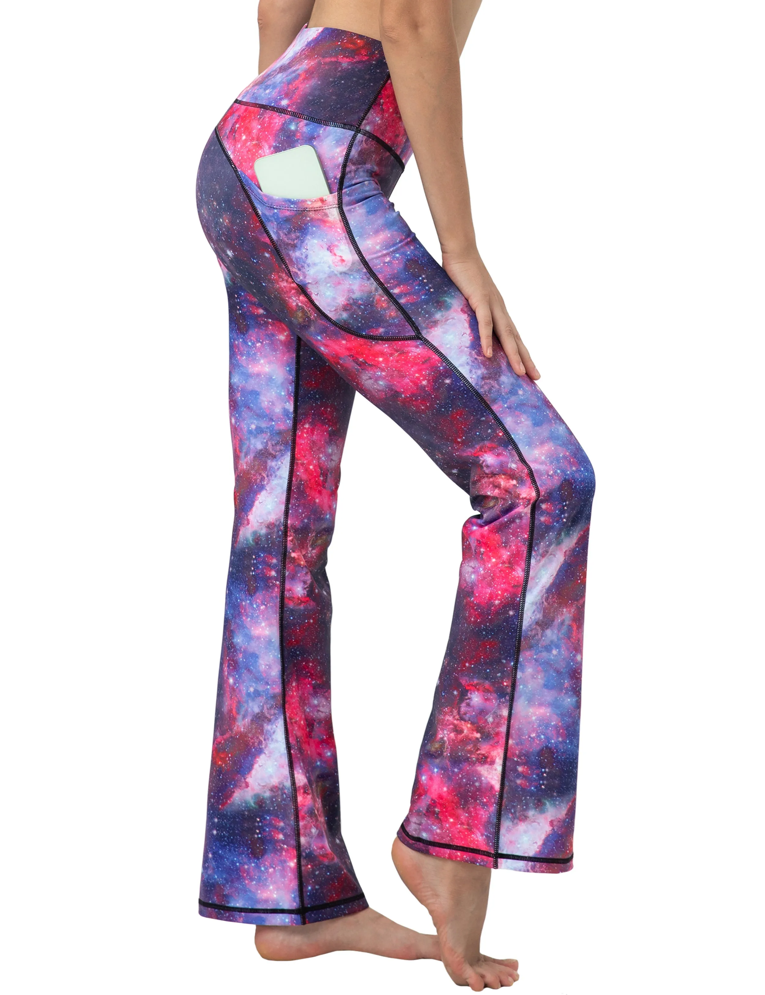 29" 31" 33" 35" 37"  Side Pockets Printed Bootcut Leggings galaxy_Pilates