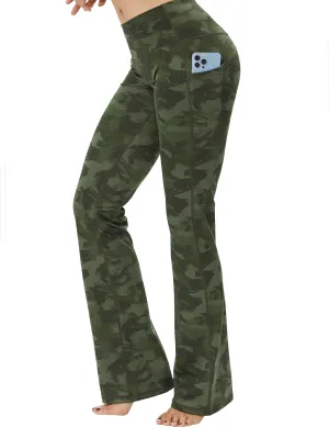 29" 31" 33" 35" 37"  Side Pockets Printed Bootcut Leggings green brushcamo_Biking