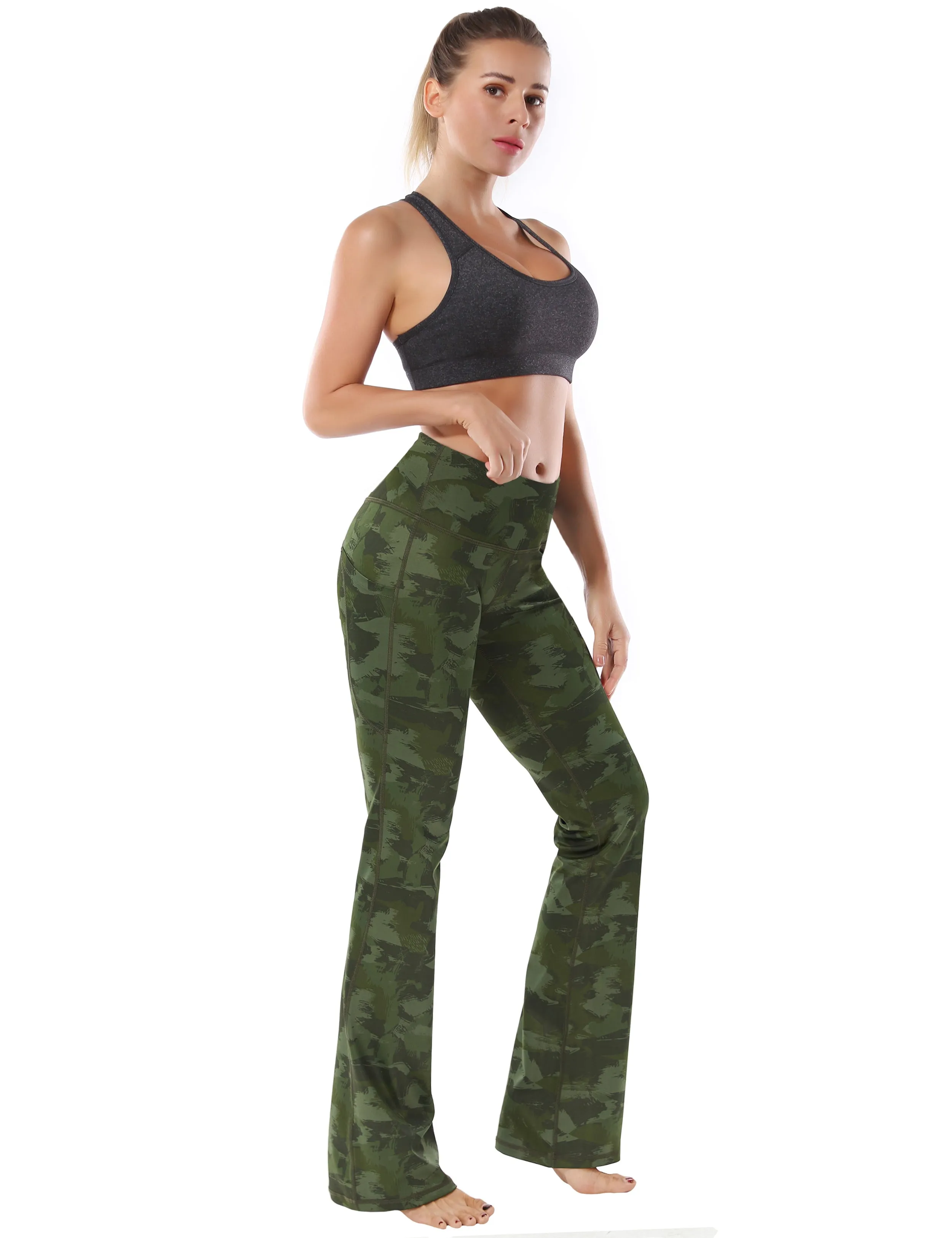 29" 31" 33" 35" 37"  Side Pockets Printed Bootcut Leggings green brushcamo_Golf