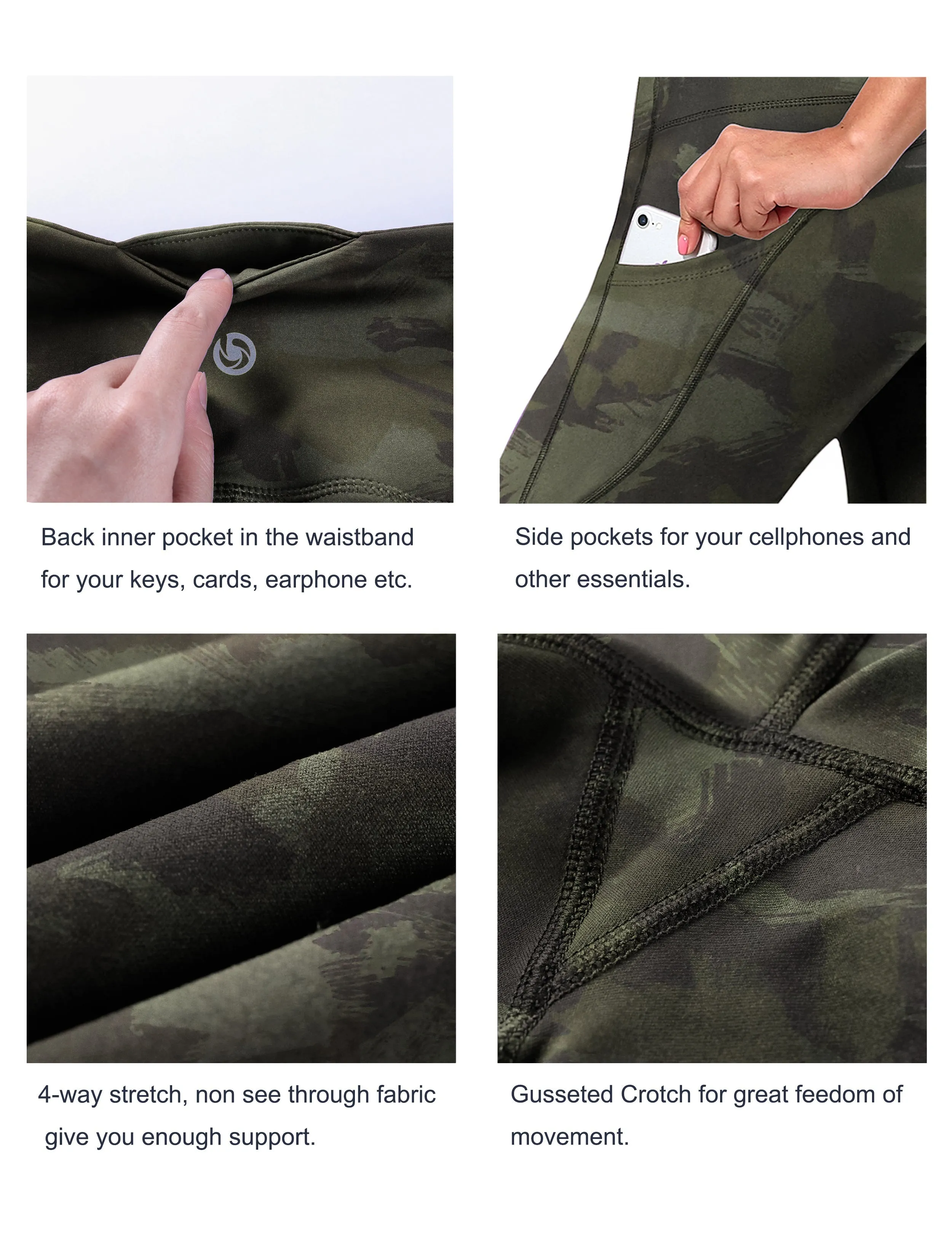 29" 31" 33" 35" 37"  Side Pockets Printed Bootcut Leggings green brushcamo_Gym