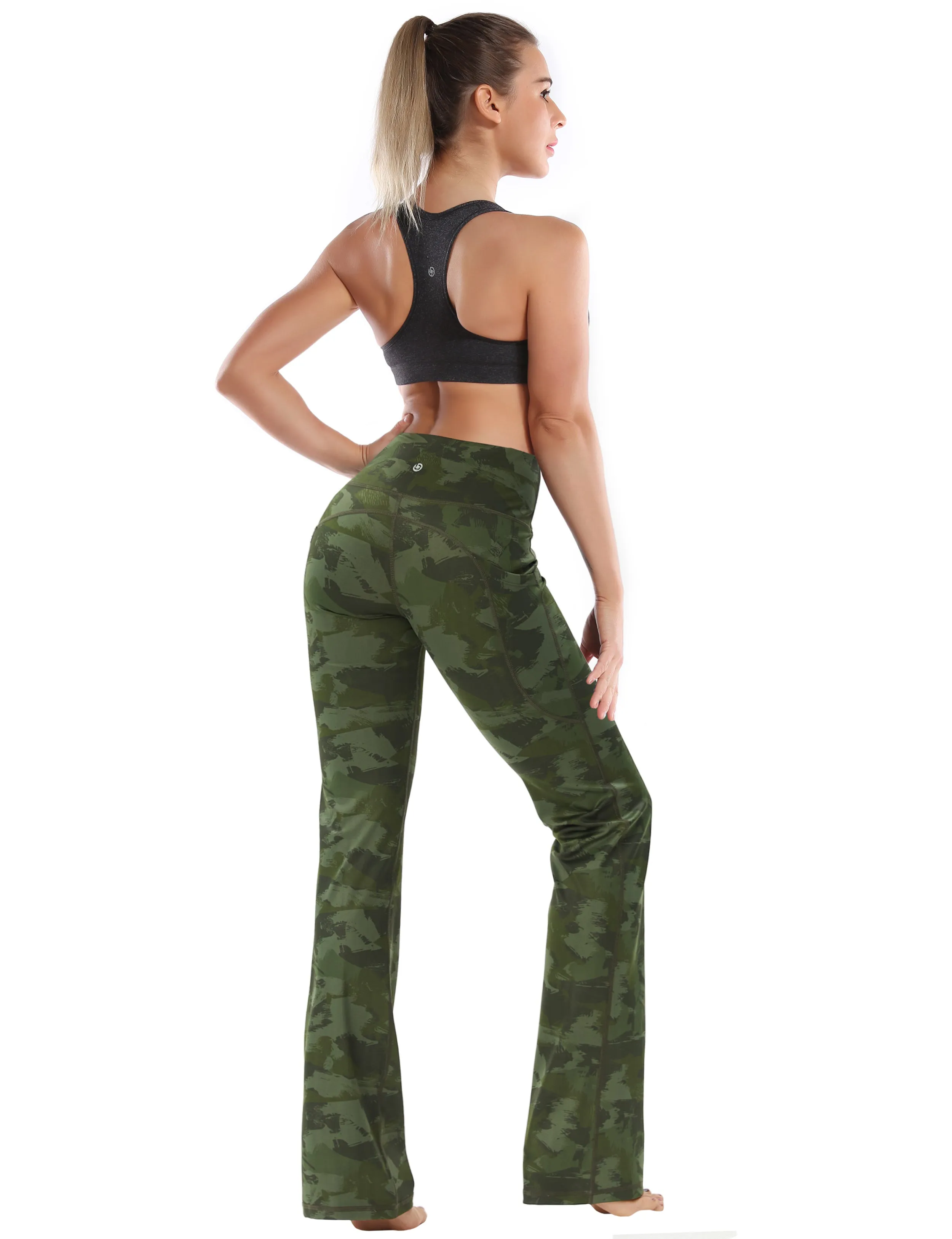 29" 31" 33" 35" 37"  Side Pockets Printed Bootcut Leggings green brushcamo_Gym