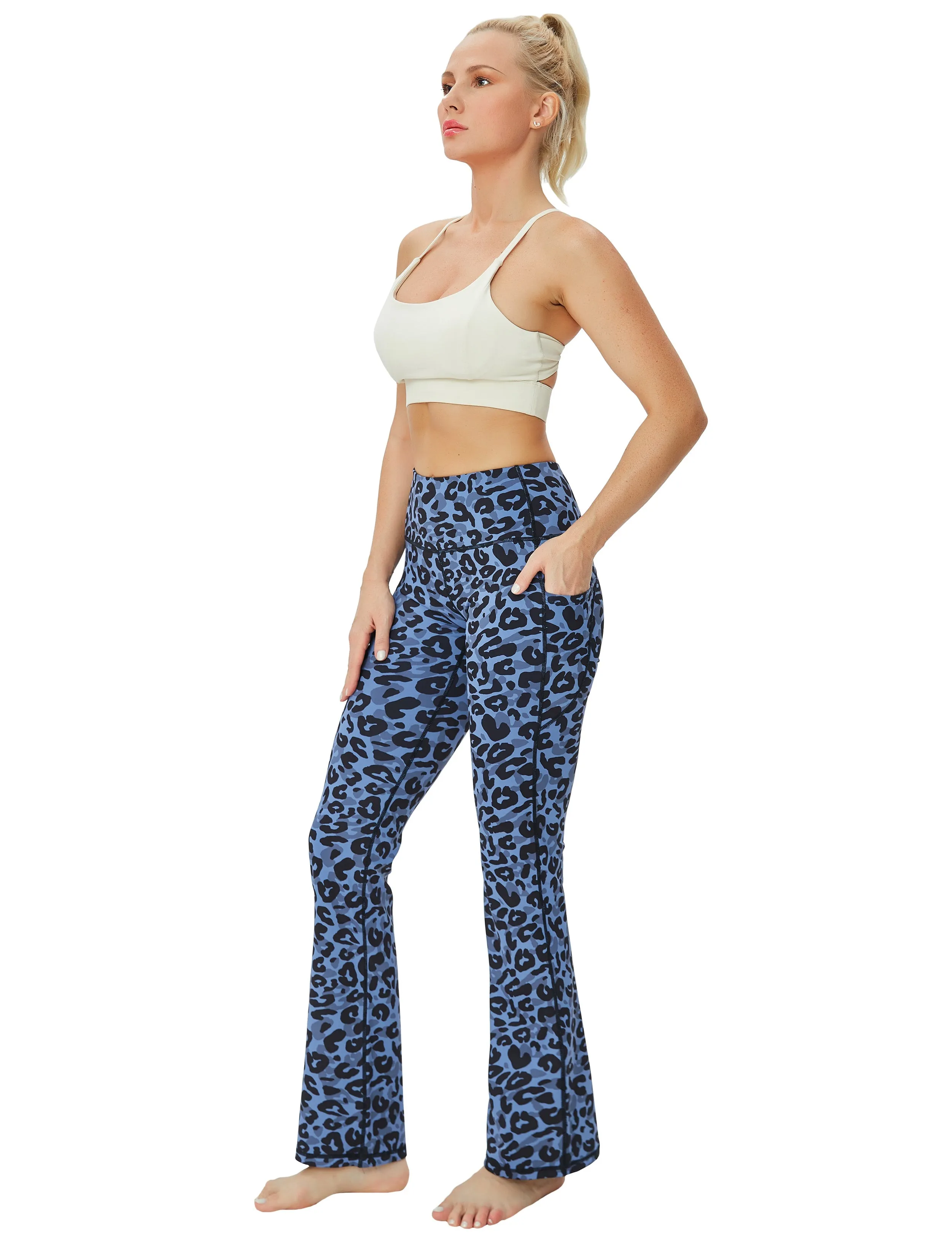 29" 31" 33" 35" 37"  Side Pockets Printed Bootcut Leggings navy_leopard_Gym