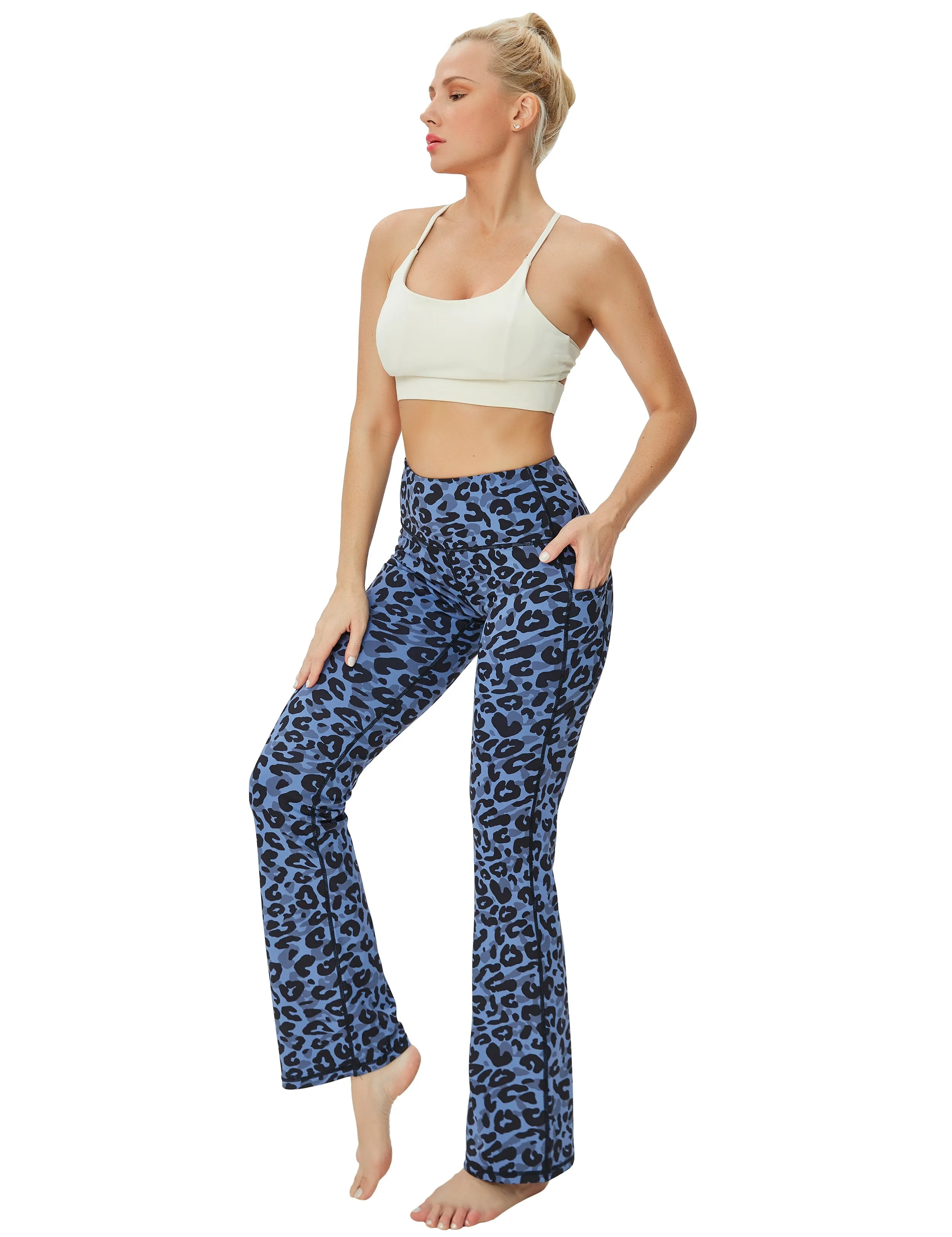 29" 31" 33" 35" 37"  Side Pockets Printed Bootcut Leggings navy_leopard_Gym