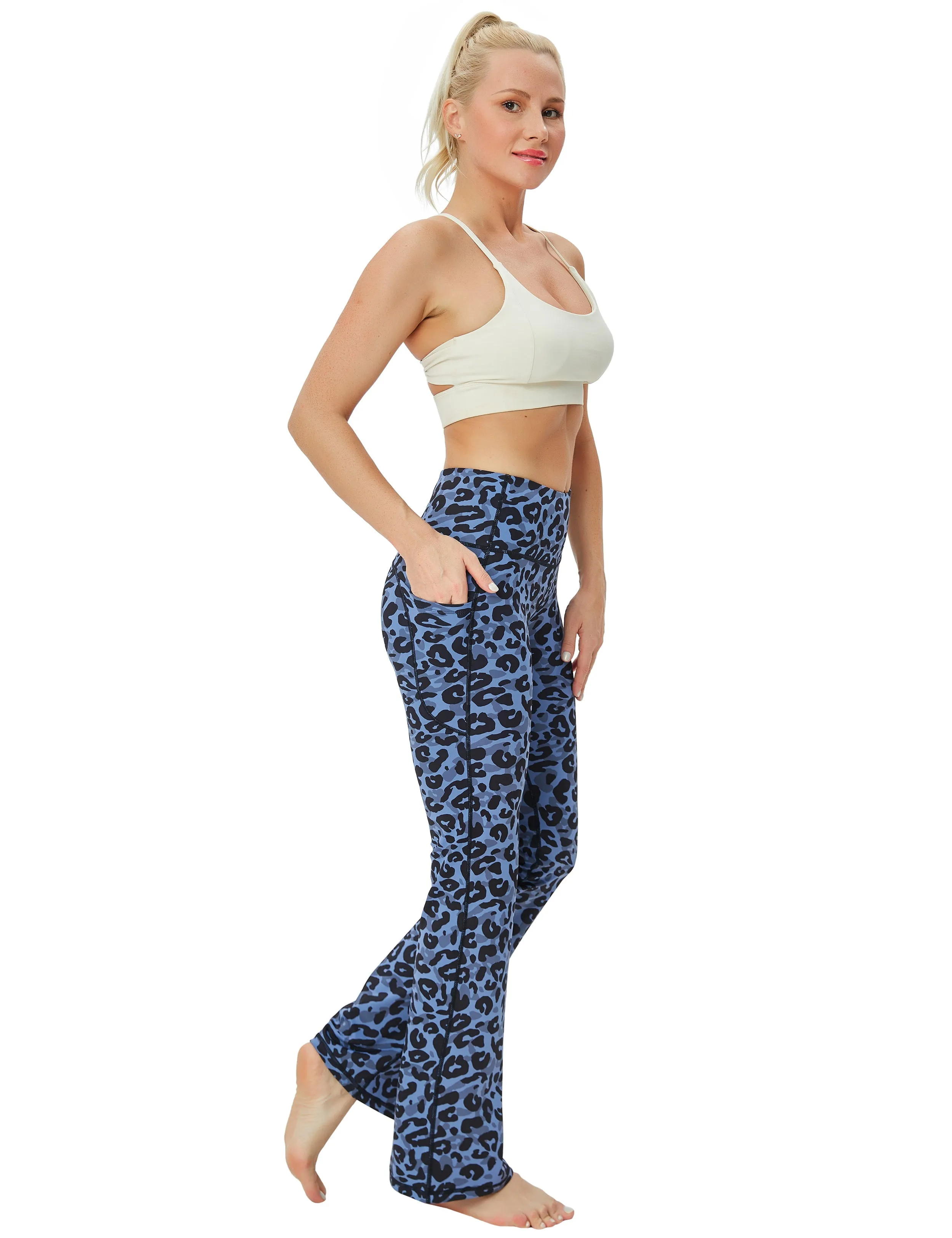 29" 31" 33" 35" 37"  Side Pockets Printed Bootcut Leggings navy_leopard_Gym