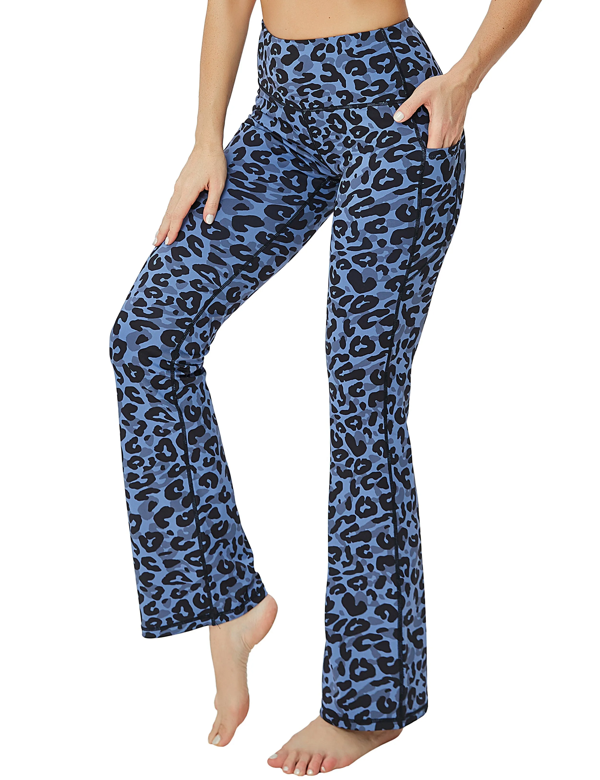 29" 31" 33" 35" 37"  Side Pockets Printed Bootcut Leggings navy_leopard_Gym