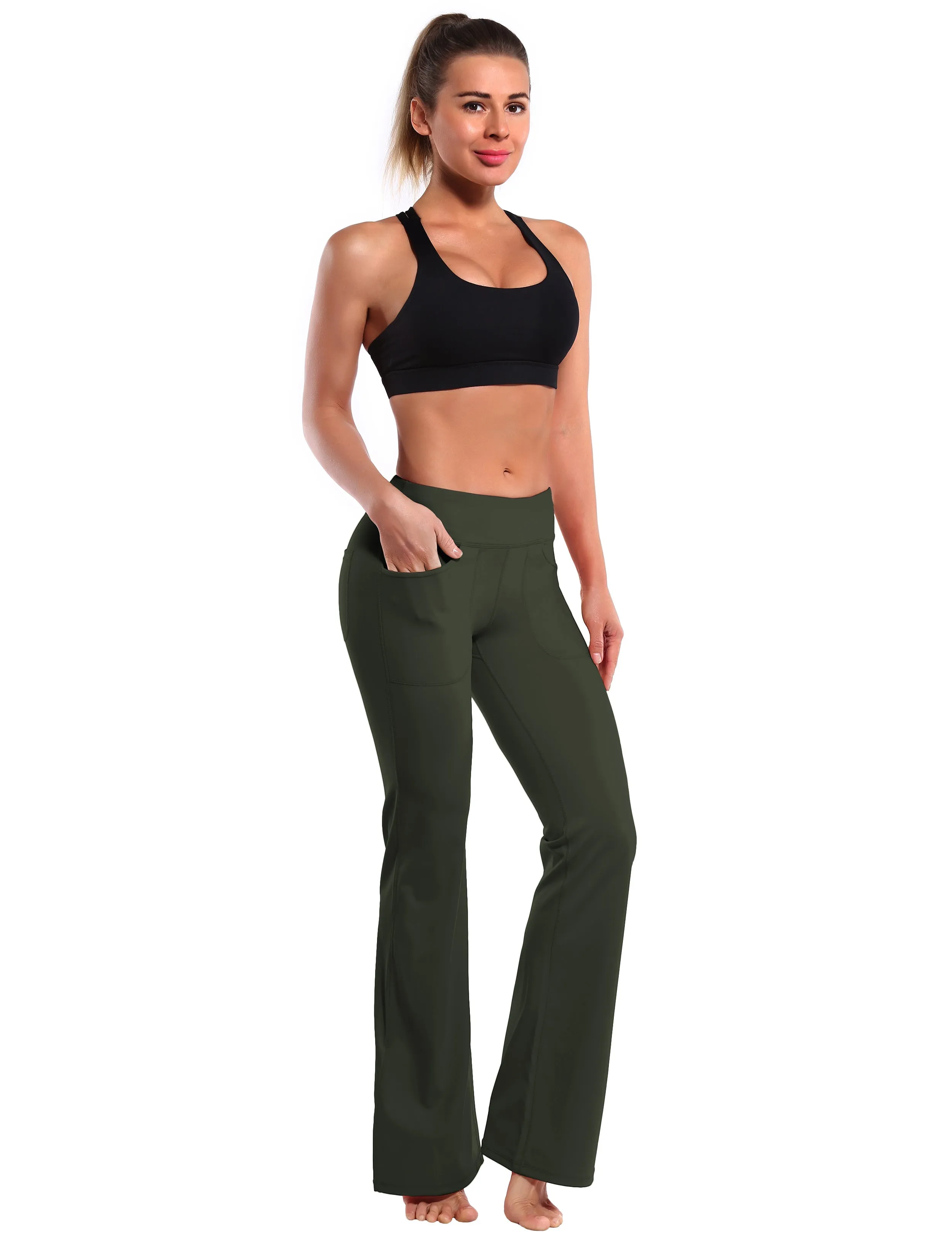 29" 31" 33" 35" Bootcut Leggings with Pockets olivegray_Plus Size