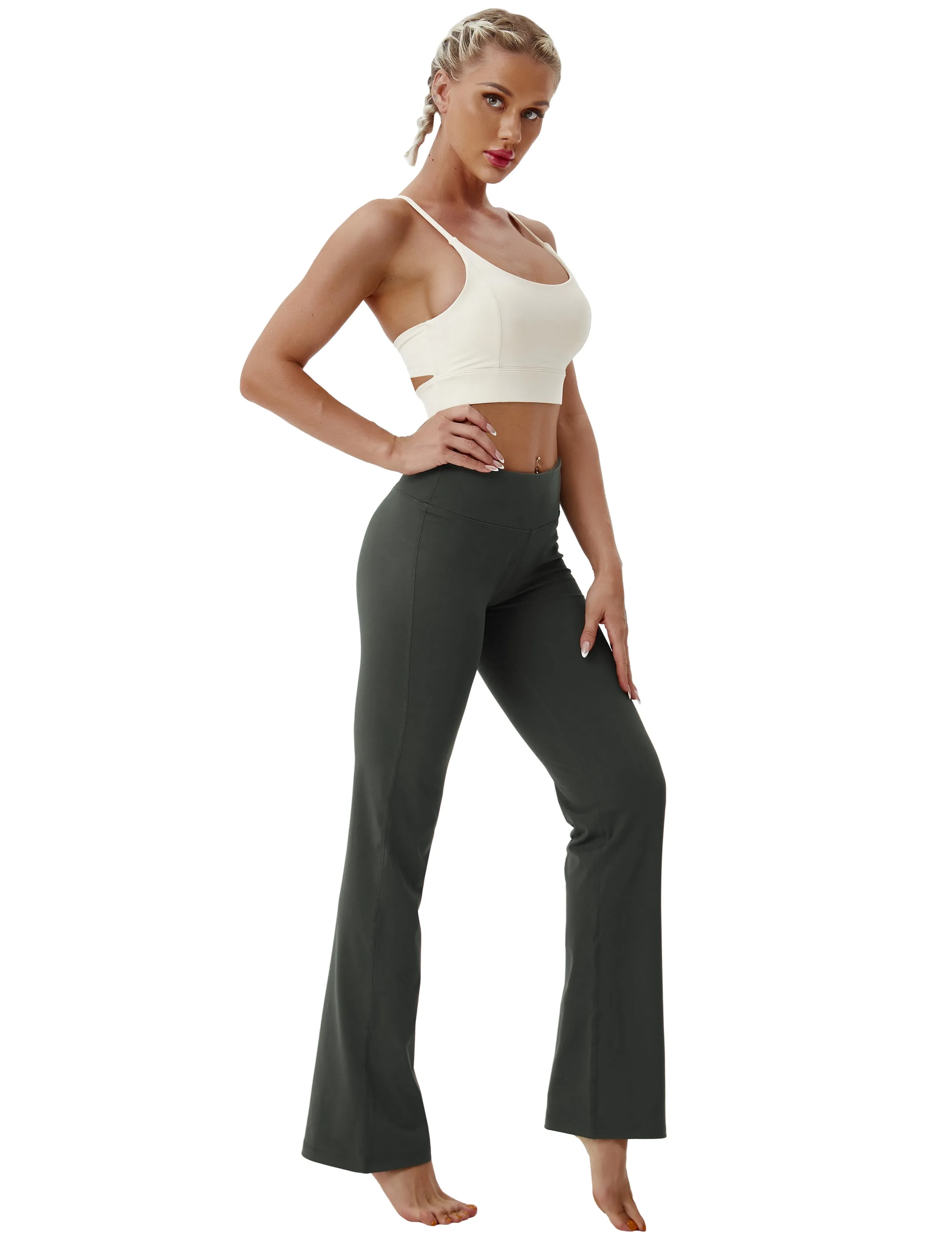 29" 31" 33" 35" Cotton Nylon Bootcut Leggings olivegray_Gym