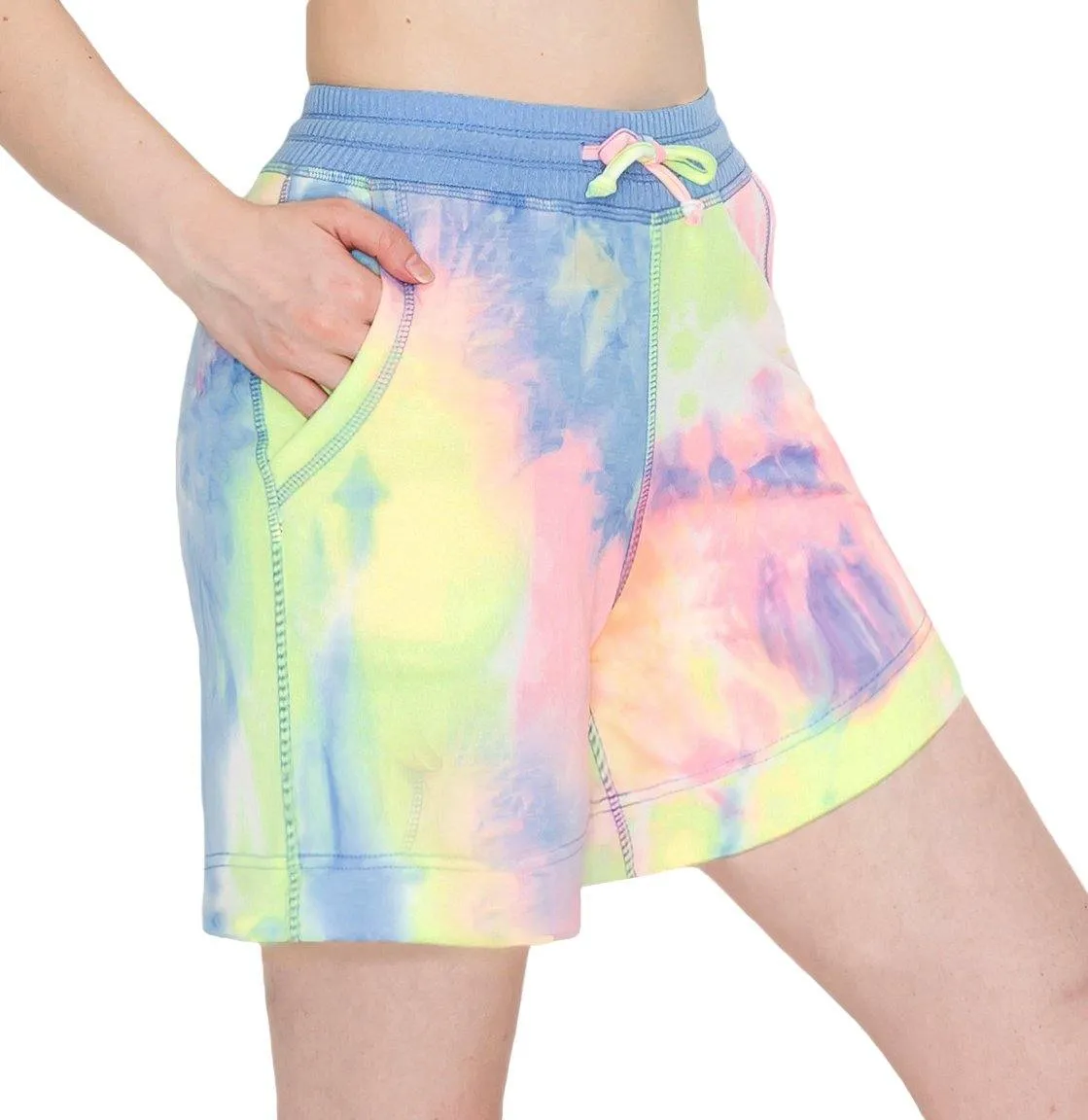 ALWAYS Women's Tie Dye French Terry 5" Shorts - 4-Way Stretch Yoga Casual Jersey Elastic Drawstring Lounge Pajama Running Shorts with Pockets