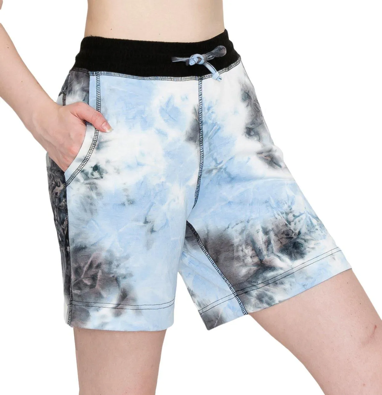 ALWAYS Women's Tie Dye French Terry 5" Shorts - 4-Way Stretch Yoga Casual Jersey Elastic Drawstring Lounge Pajama Running Shorts with Pockets