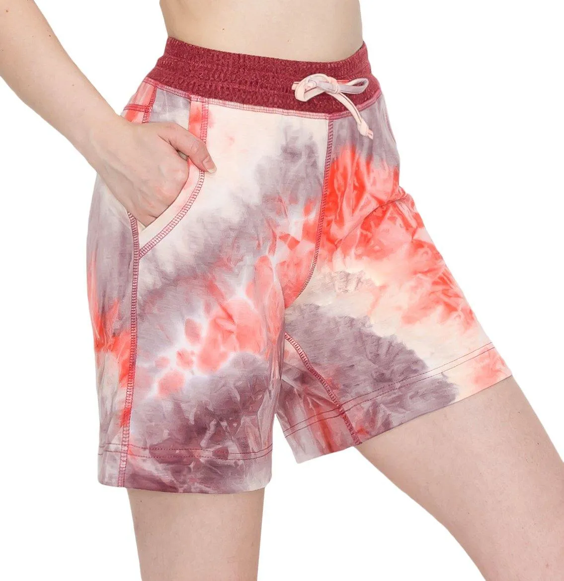 ALWAYS Women's Tie Dye French Terry 5" Shorts - 4-Way Stretch Yoga Casual Jersey Elastic Drawstring Lounge Pajama Running Shorts with Pockets