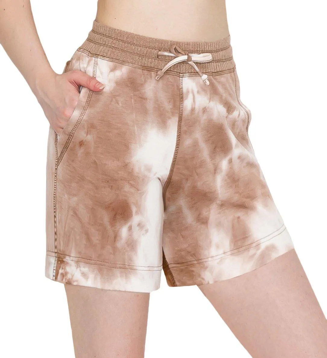 ALWAYS Women's Tie Dye French Terry 5" Shorts - 4-Way Stretch Yoga Casual Jersey Elastic Drawstring Lounge Pajama Running Shorts with Pockets