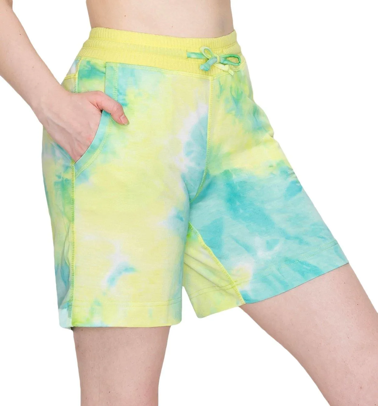 ALWAYS Women's Tie Dye French Terry 5" Shorts - 4-Way Stretch Yoga Casual Jersey Elastic Drawstring Lounge Pajama Running Shorts with Pockets