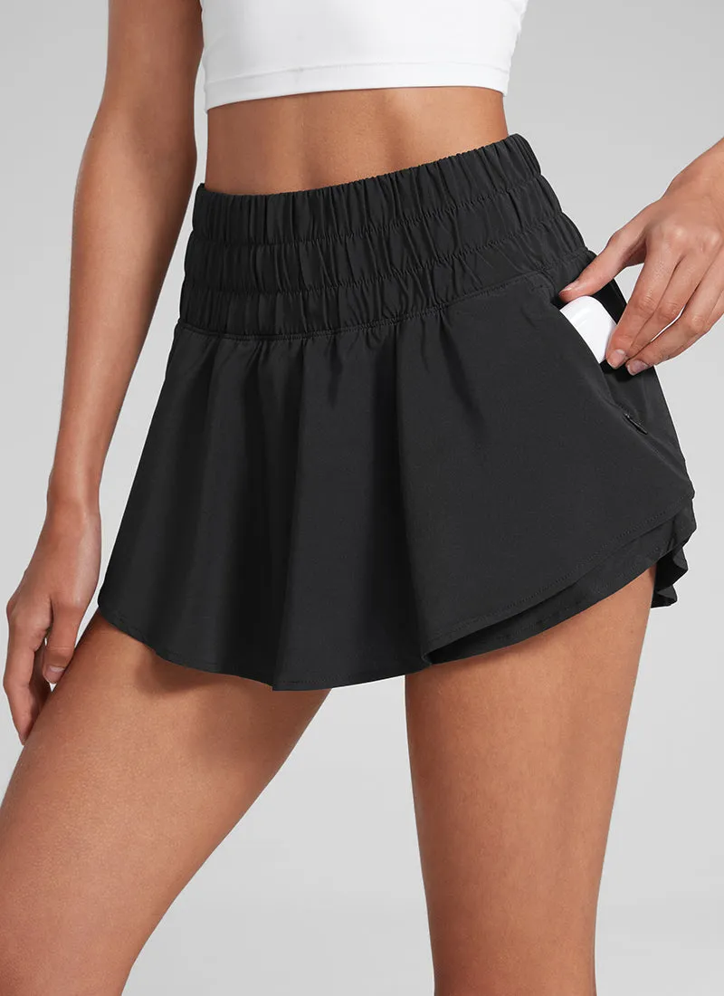 Feathery-Fit Soft High Waisted 2 in 1 Flowy Shorts with Zip Pockets