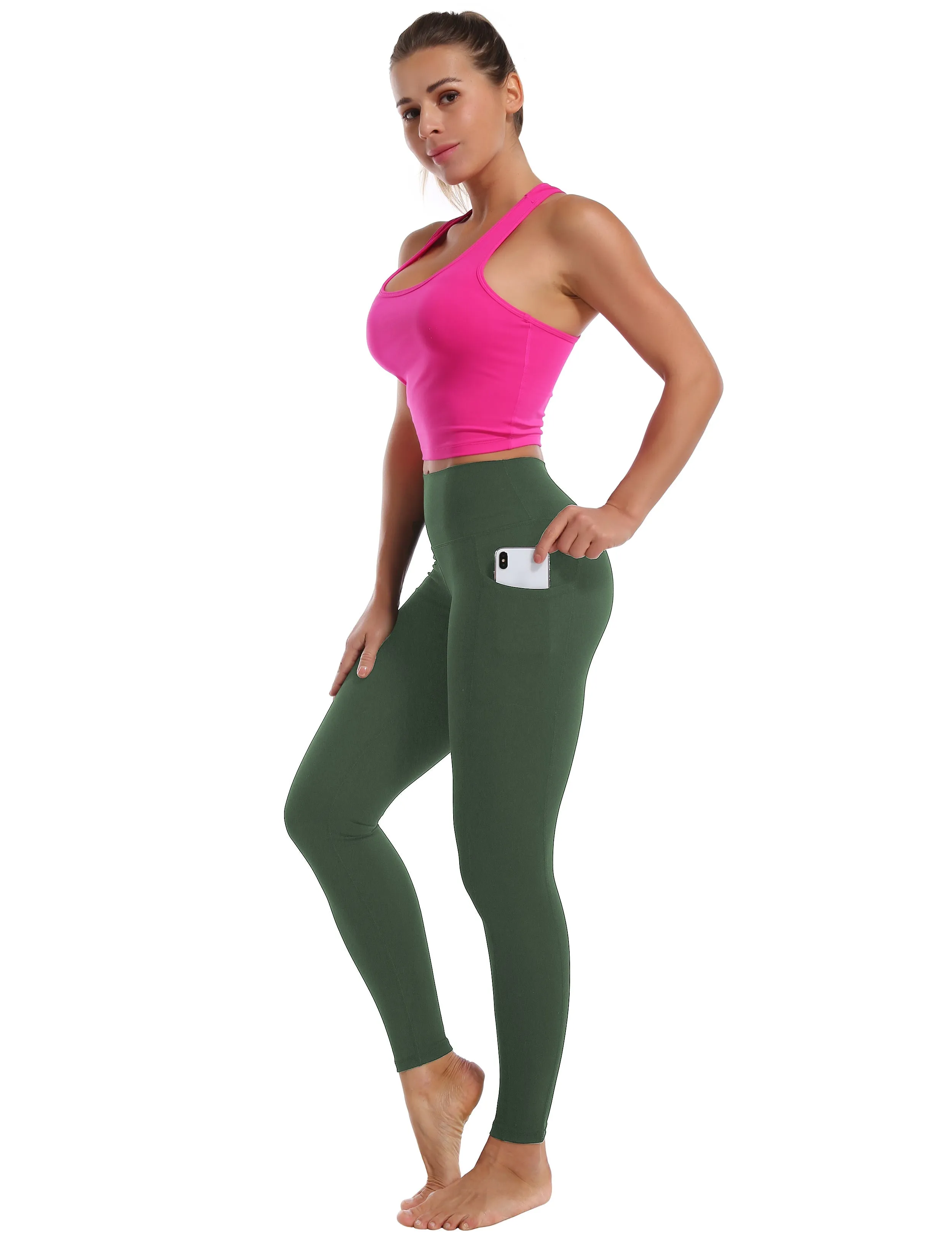 High Waisted Golf Pants 7/8 Length Leggings with Pockets olivegreen_Golf