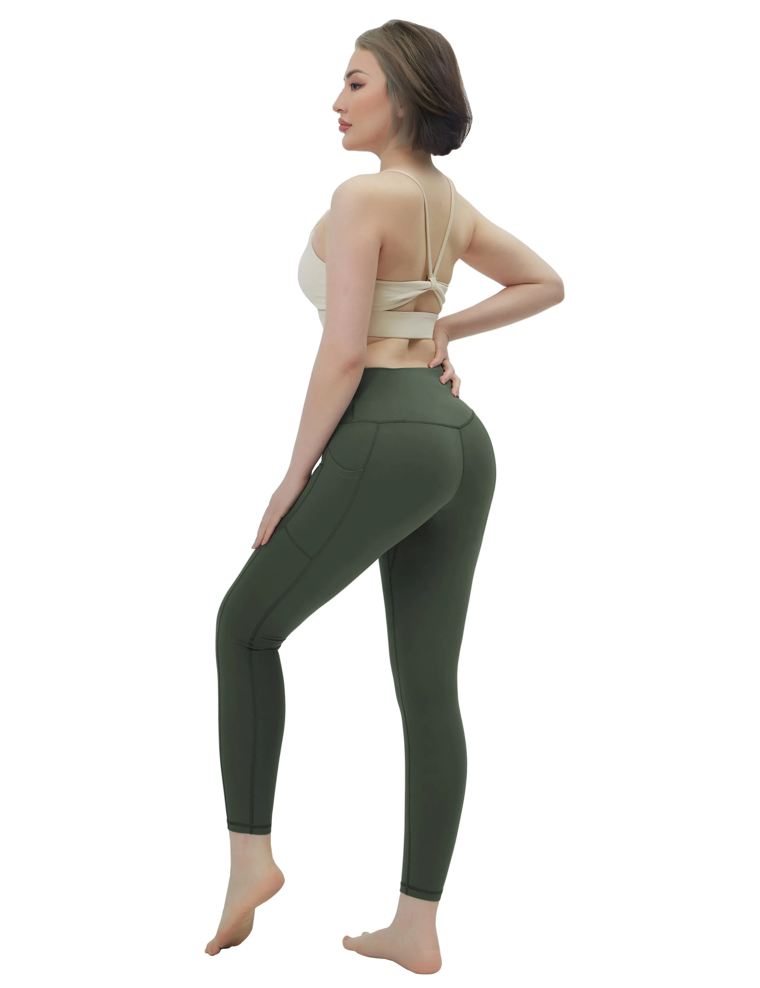 High Waisted Golf Pants 7/8 Length Leggings with Pockets olivegreen_Golf