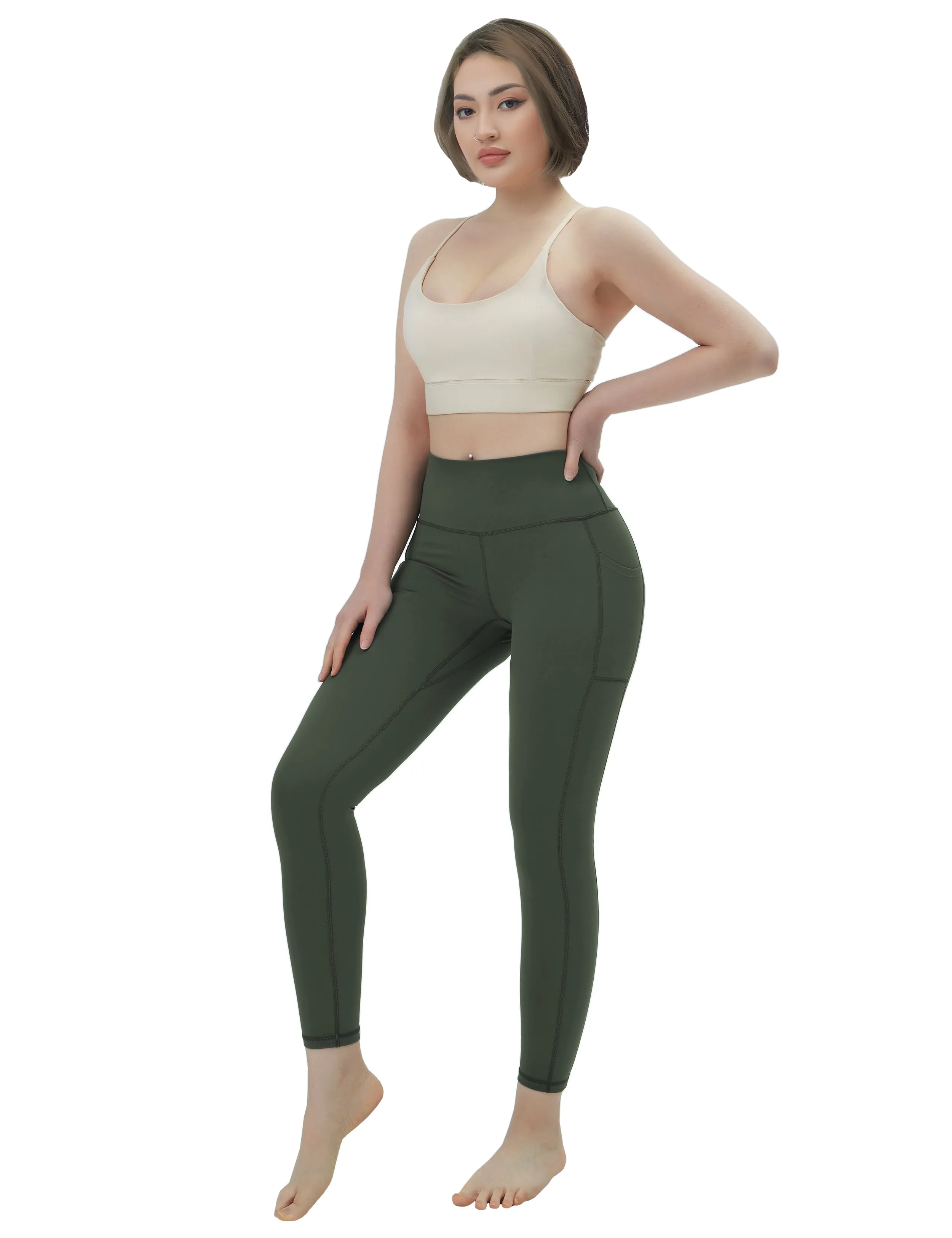High Waisted Golf Pants 7/8 Length Leggings with Pockets olivegreen_Golf